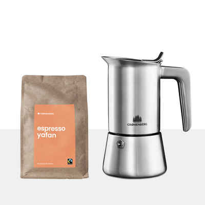 GRØNENBERG Espressokocher Spar Set 2.2: Bio Espressopulver 250g + Espressokocher (4, 6 Cup), Induktion geeignet & Inkl. Ersatz Dichtung