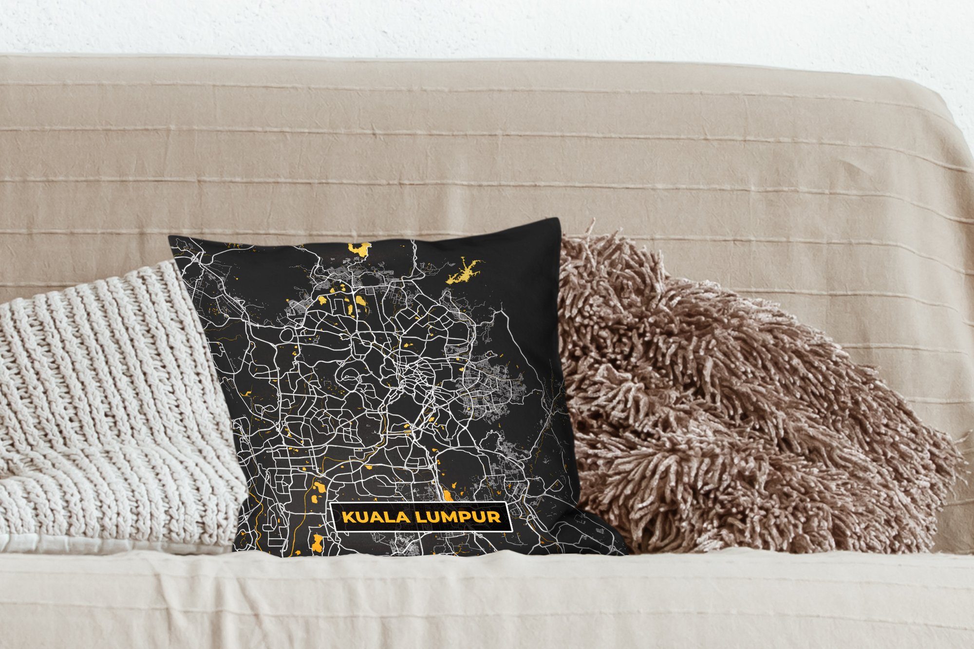 MuchoWow Dekokissen Kuala Lumpur für mit Deko, Gold Schlafzimmer, - Wohzimmer, Sofakissen - - Zierkissen Stadtplan Füllung Karte