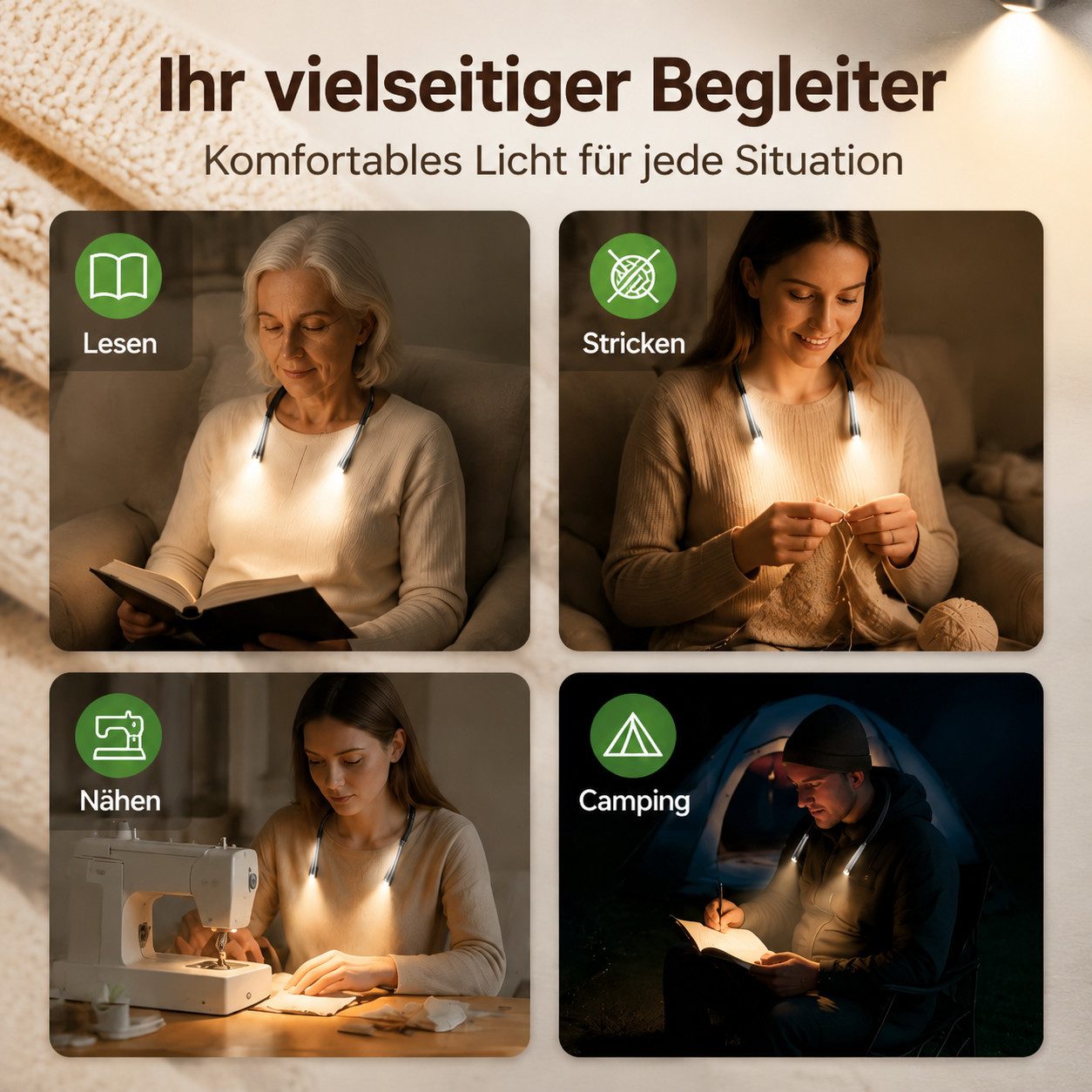 Fyrove LED Leselampe Nackenleuchte mit flexiblen Armen, Akku, Buchlicht für Lesen, Handarbeit, Camping und Reisen, 3 Lichtfarben, 3 Helligkeiten, flexible Arme, – Bild 2 von 5