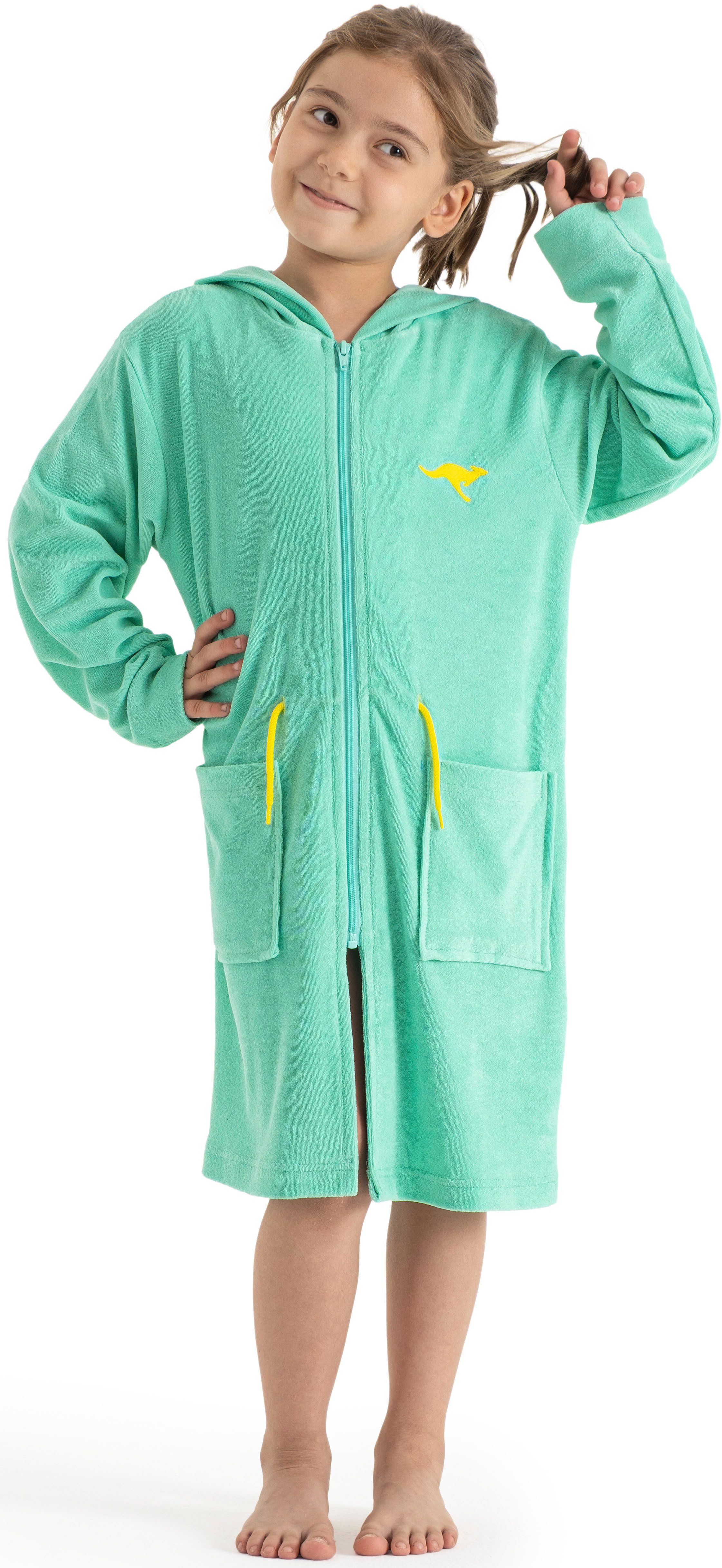 KangaROOS Kinderbademantel Kira, Ideal für Zuhause, Schwimmbad oder im Urlaub, Kurzform, Leichtfrottier, Kapuze, Reißverschluss, modernen, sportliches Design, leuchtenden Akzenten