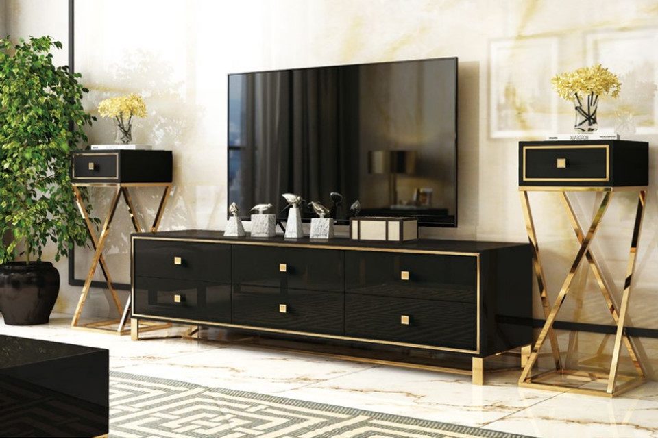 Xlmoebel TV-Schrank Italienisches Designer-Möbelset in Hochglanz mit Edelstahlakzenten (Sideboard + Couchtisch) Hergestellt in Europa