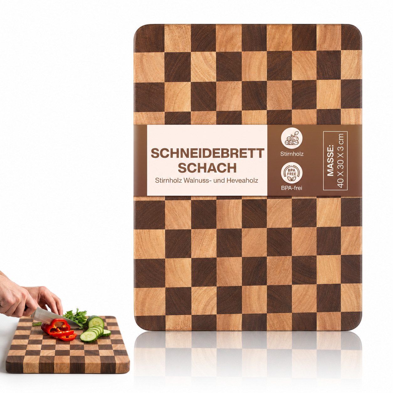 PEGSEN Schneidebrett Premium Küchenbrett Hackblock Holzschneidebrett 40x30x3cm, Stirnholz, Walnuss und Heveaholz, mit rutschfesten Standfüßen, Servierbrett & Tranchierbrett