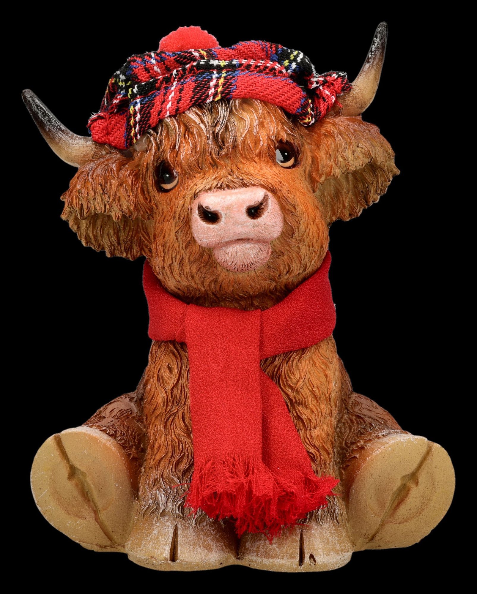 Figuren Shop GmbH Tierfigur Hochlandkuh Figur – Winterdeko Statue mit Mütze & Schal 11cm Dekofigur