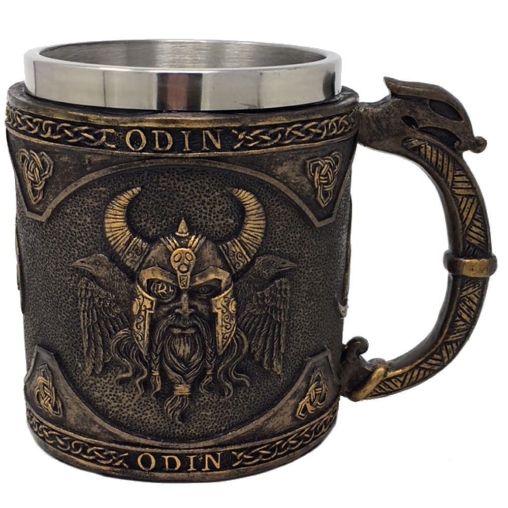 MystiCalls Bierkrug Krug Odin - Wikingerkrug Wikinger Götterkrug Met, 1-tlg., Polyresin, Herausnehmbarer Metalleinsatz