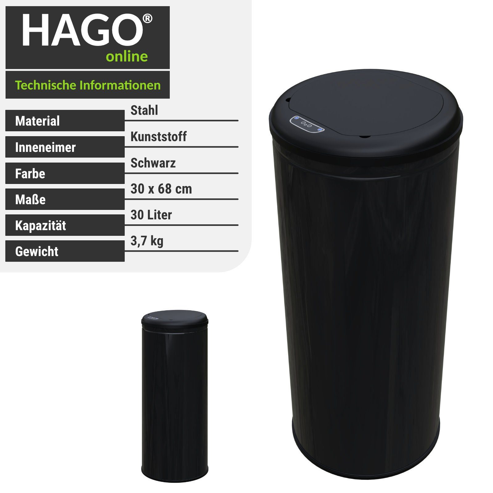 Papierkorb HAGO Mülltrennsystem schwarz Premium Sensor Mülleimer Abfalleimer Automatik Edelstahl