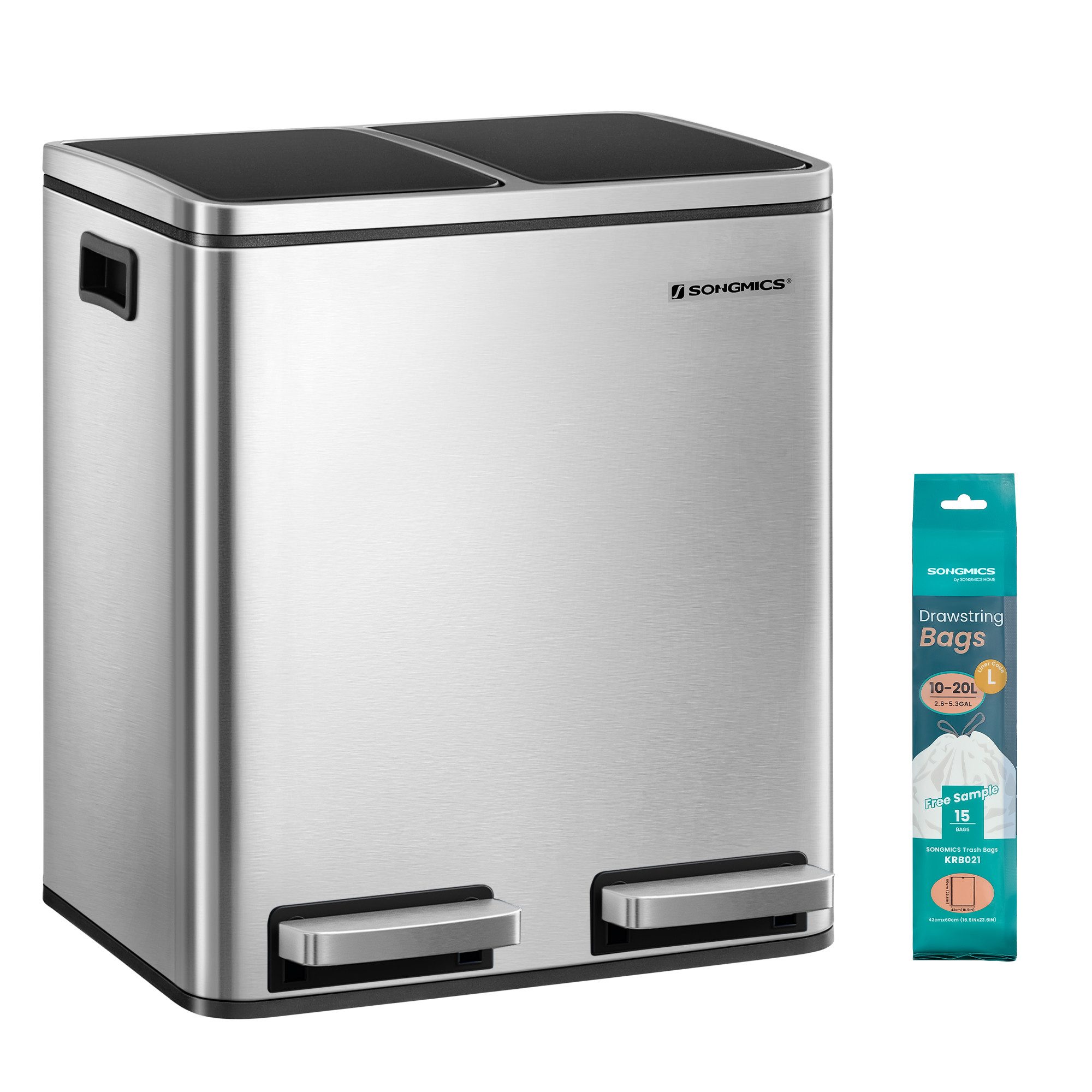 SONGMICS Mülleimer 2x15L, Außenbehälter aus Stahl, Klappdeckel, Softclose, 15 Müllsäcke, 2 x 15 L, Inneneimer aus Kunststoff, Klappdeckel, Softclose, luftdicht