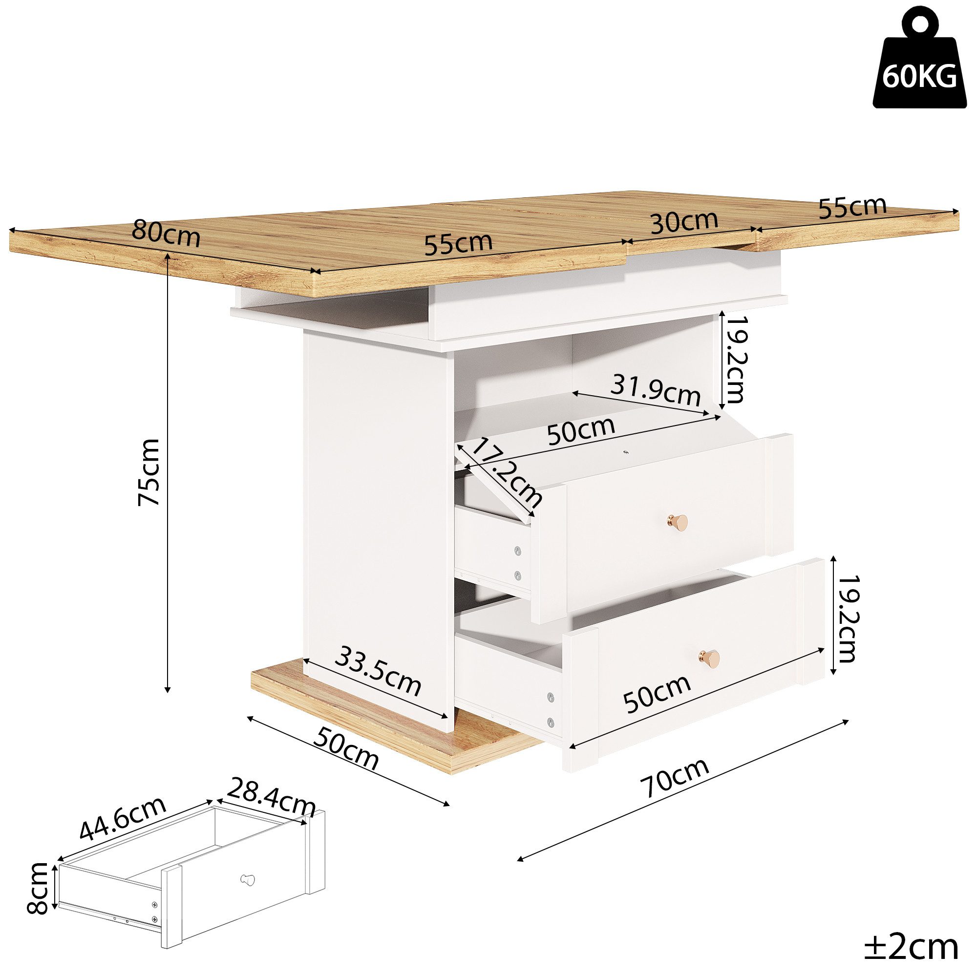 Flieks Esstisch ausziehbarer Tisch mit 2 Schubladen und 1 Türen (Tischplatte mit Holzmaserung, Länge110-140/T80/H75 cm, 1-St., 1 Tisch), erweiterbarer Küchentisch rechteckig Teleskoptisch mit Stauraum weiß