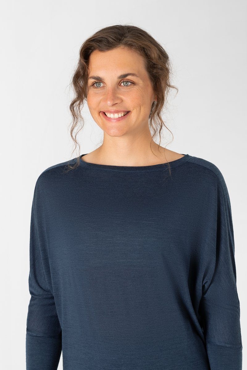 SUPER.NATURAL Langarmshirt Merino Longsleeve W KULA TOP bequemer Merino-Materialmix Blue Iris Melange