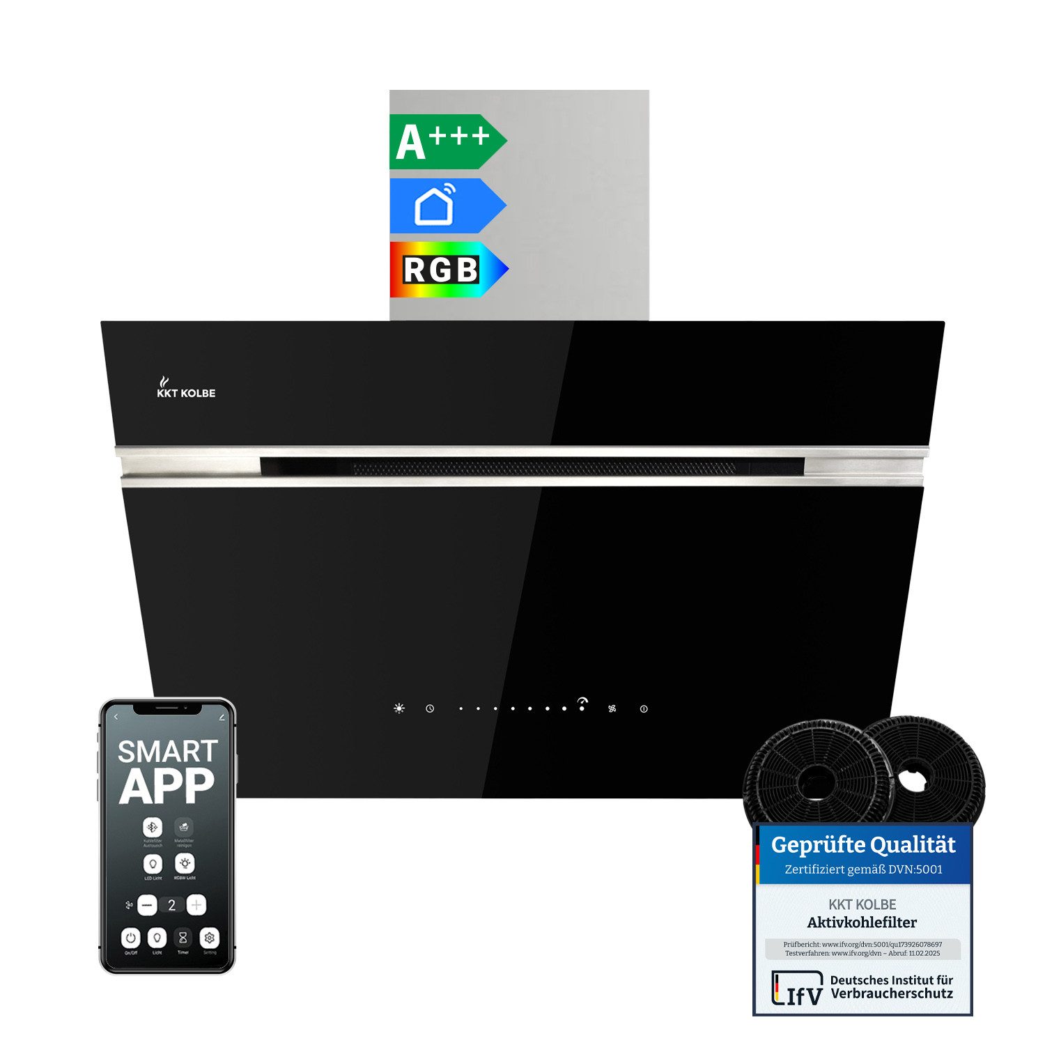 KKT KOLBE Wandhaube Dunstabzugshaube 60cm AURORA6005SE RGBW Ambientebeleuchtung Dunstabzugshaube 60cm AURORA6005SE RGBW Ambientebeleuchtung, Kopffreihaube / Umluft / Abluft / Smarte WiFi-App / Schwarz / Glas