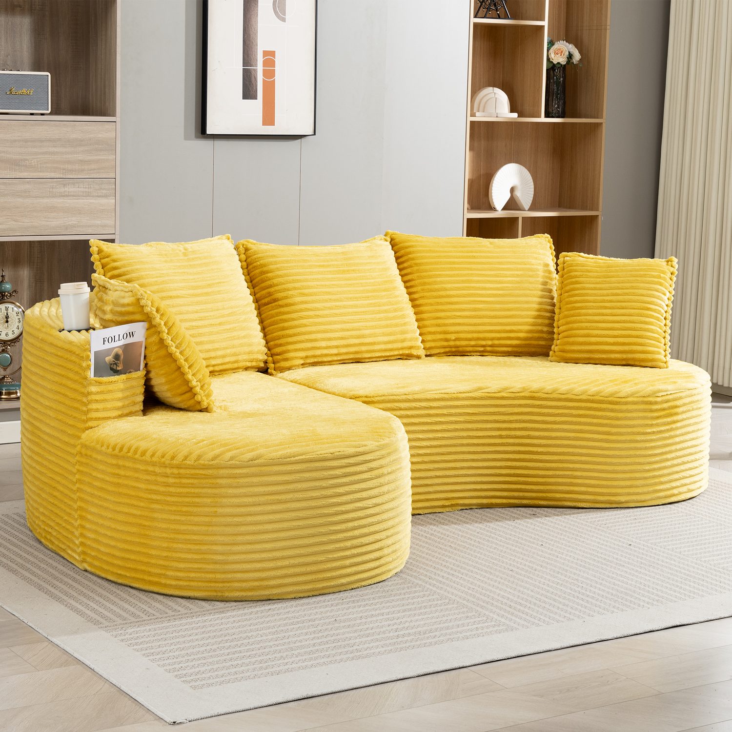 Odikalo Sofa Ecksofa Couch mit Schlaffunktion, L Form Cord, mit Becherhalter & Stautasche. Hochdichter Schaumstoff für angenehmen Sitzkomfort. Inkl. Kissen – komprimiert, sofort einsatzbereit. Für jeden Wohnbereich.