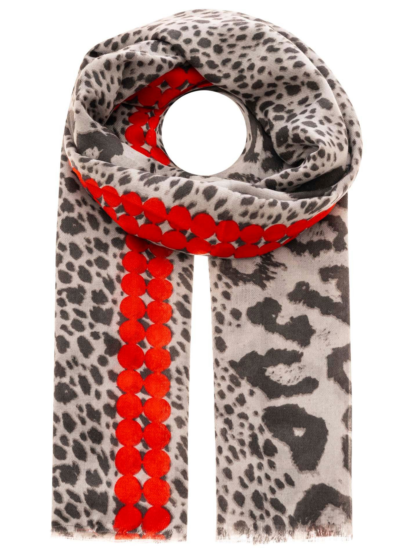 Zwillingsherz Schal "Leo & Colors", Leomuster, rotes Detail, Fransen