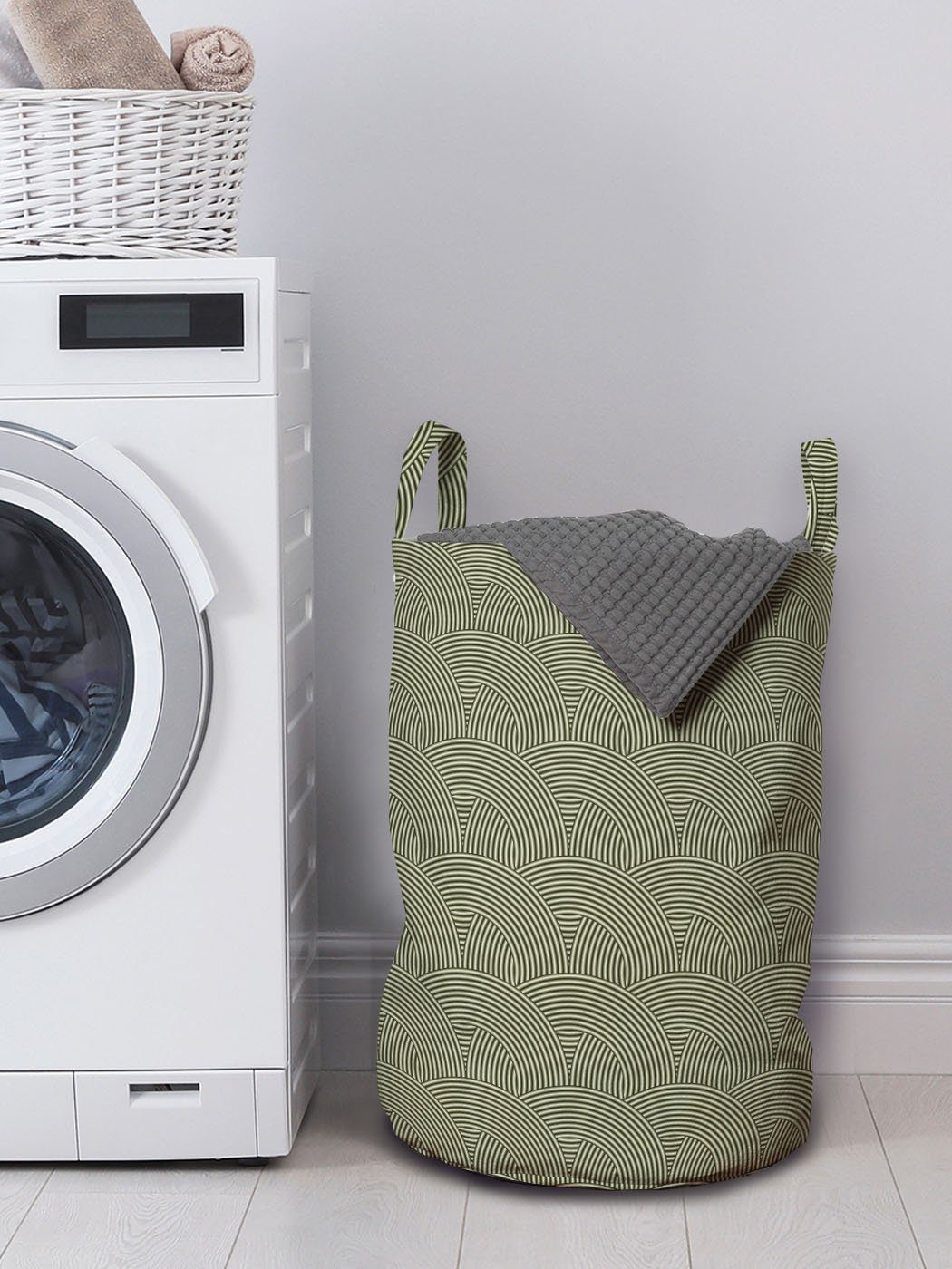Griffen mit Wäschekorb Kordelzugverschluss Waschsalons, Formulare Gestreifte Runde Farbe neutrale Abakuhaus für Wäschesäckchen