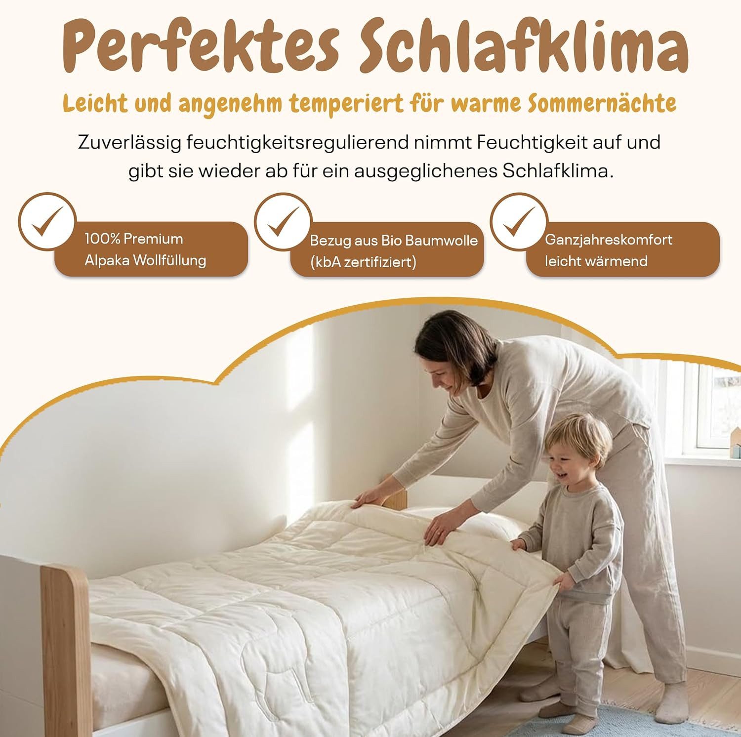geborgenschlafen Naturhaarbettdecke 135x200 cm Ganzjahres-Bettdecke Alpaka – Wärmeregulierend, Füllung: 100% Alpakawolle, 100 % Alpakawolle, Nachhaltige Handarbeit, Kombinierbar durch Bändchen