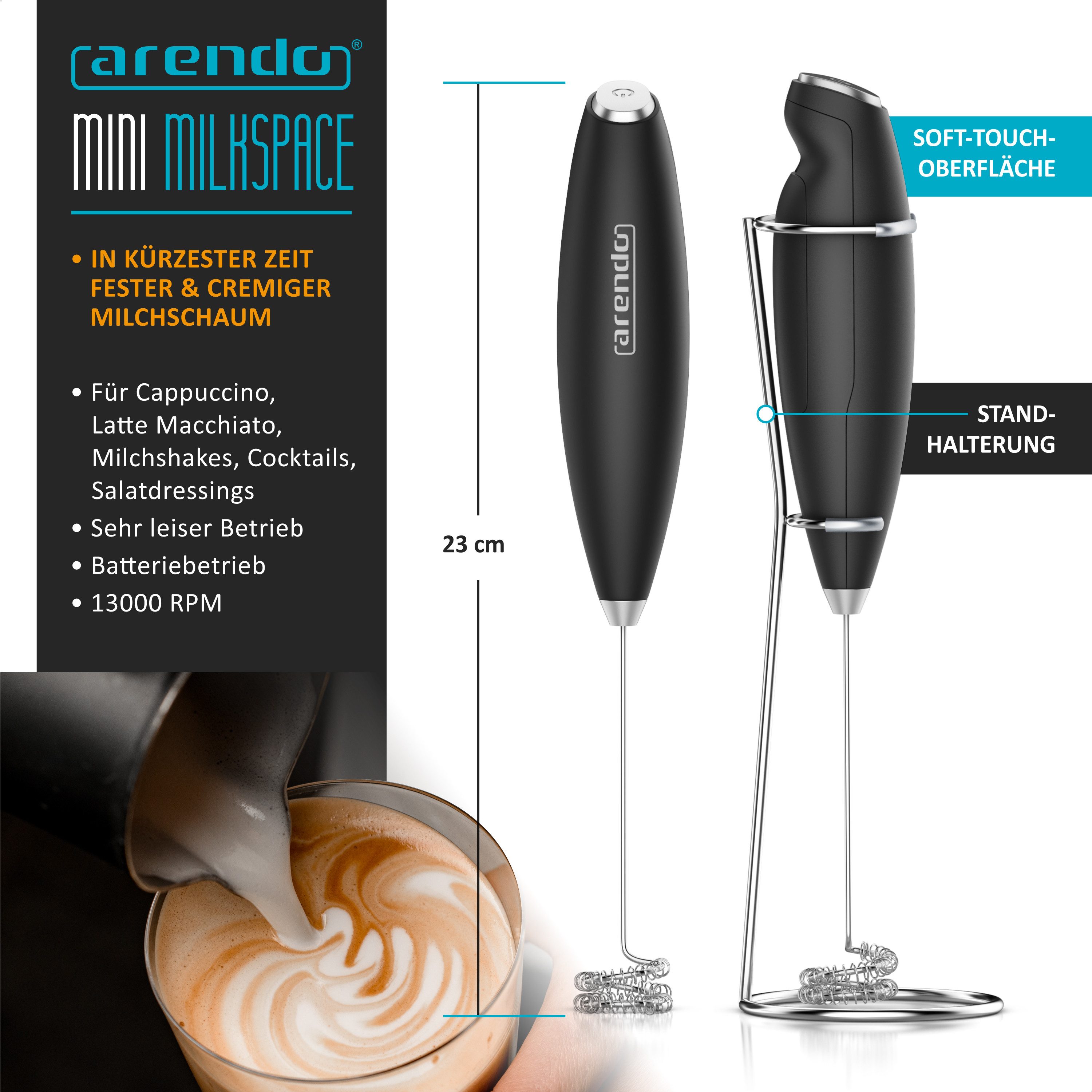 Arendo Milchaufschäumer Batteriebetriebener Handaufschäumer, Dual-Quirl & Schneebesen, leise, 13.000 U/min, Soft-Touch, einfache Reinigung, für Cappuccino, Shakes