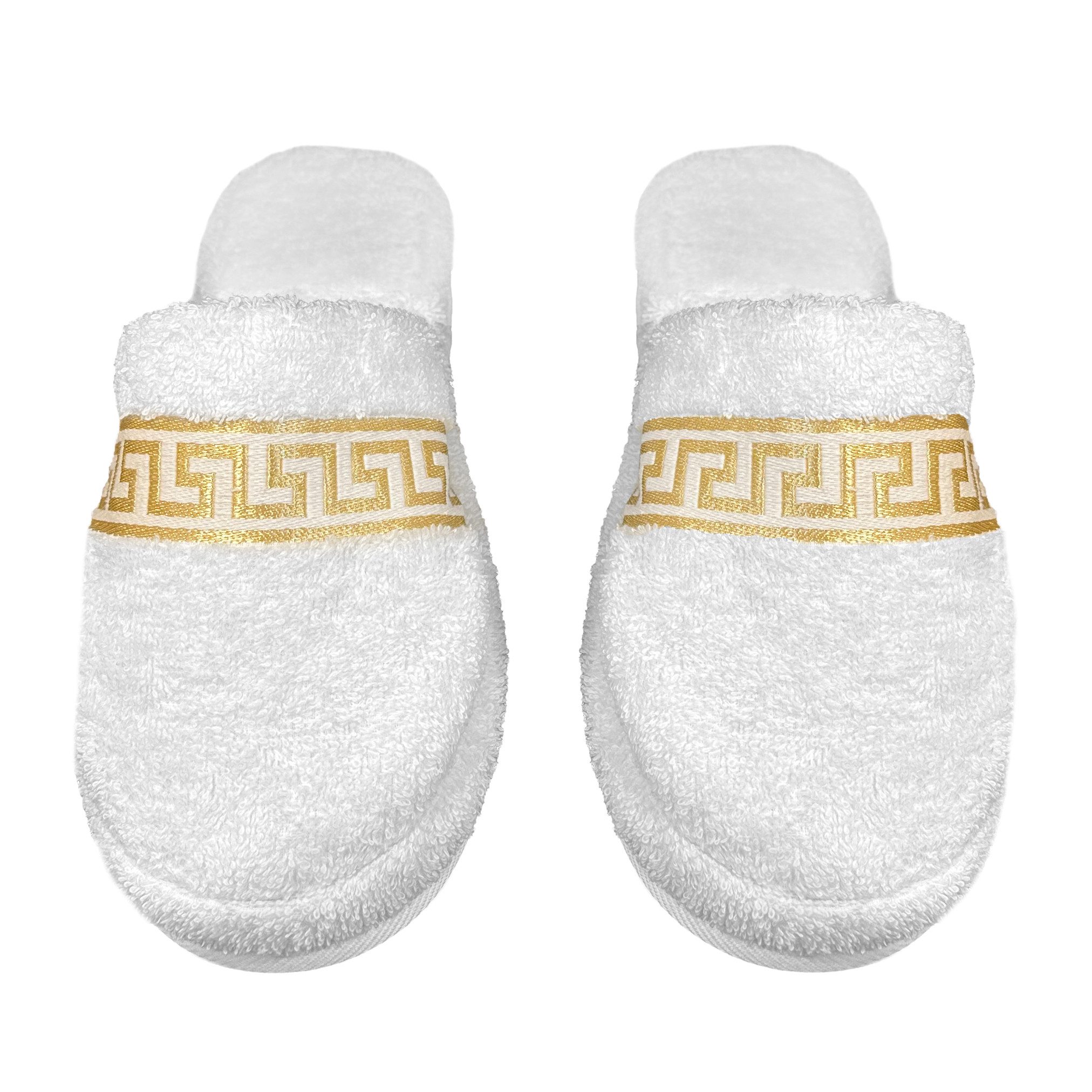 Belle Arti Luxus Gäste Hausschuhe Homeslipper Damen Herren Mäander weiss gold Spa Pantoffel – Bild 3 von 4