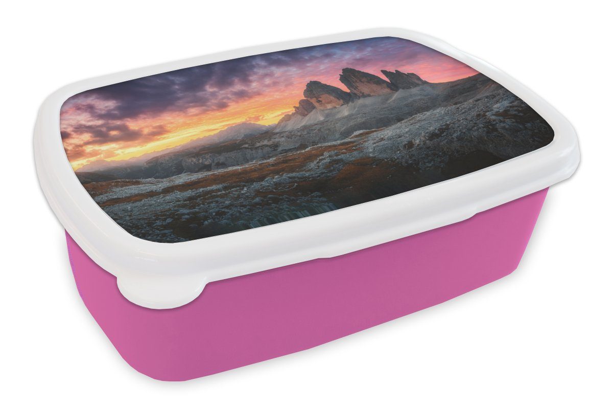 MuchoWow rosa Kunststoff, Erwachsene, (2-tlg), Brotbox Mädchen, Berg Landschaft, Felsen Sonnenuntergang - Kunststoff Brotdose Snackbox, Lunchbox - - für Kinder,