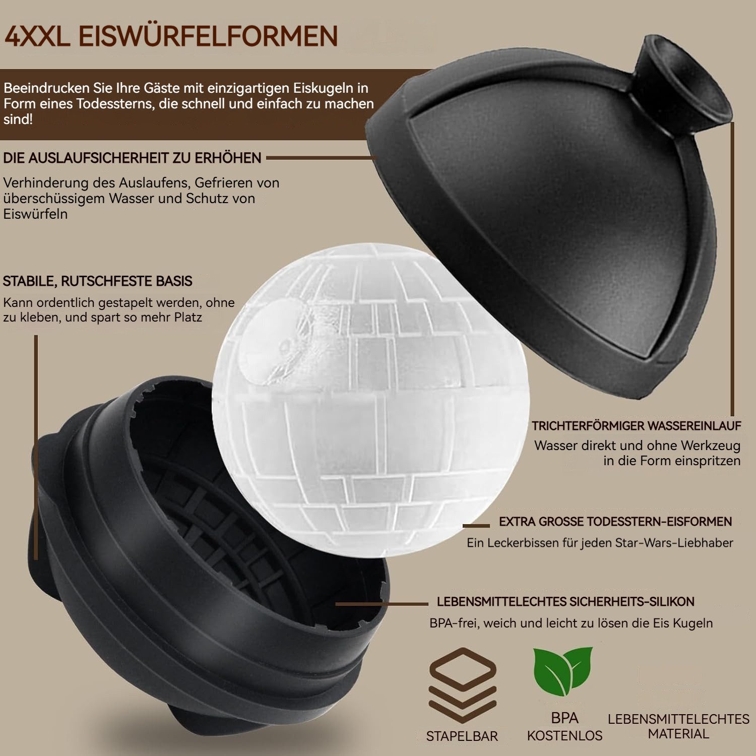 BlingBin Eiswürfelform Kugel Silikon Set, 4 XXL Groß Eiskugelform mit Deckel & Trichter, (4 Stück/Set 4-tlg), Eiswürfel Form Eiswürfelbehälter für Bier Cocktail Whisky Wein