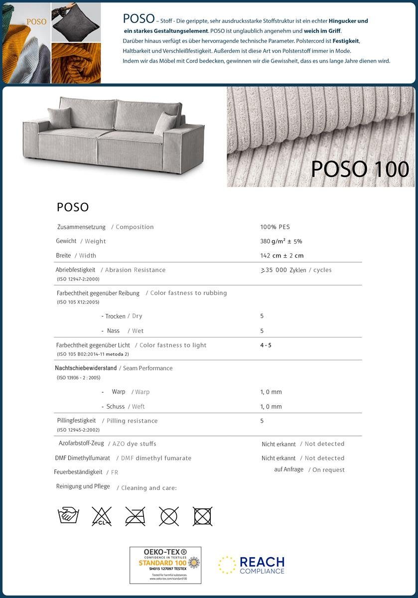 100) (poso Schlaffunktion, Wellenfedern, PRIMO, breite Design Sofa, Beautysofa Beige Bettkasten, Armlehnen modernes Schlafsofa
