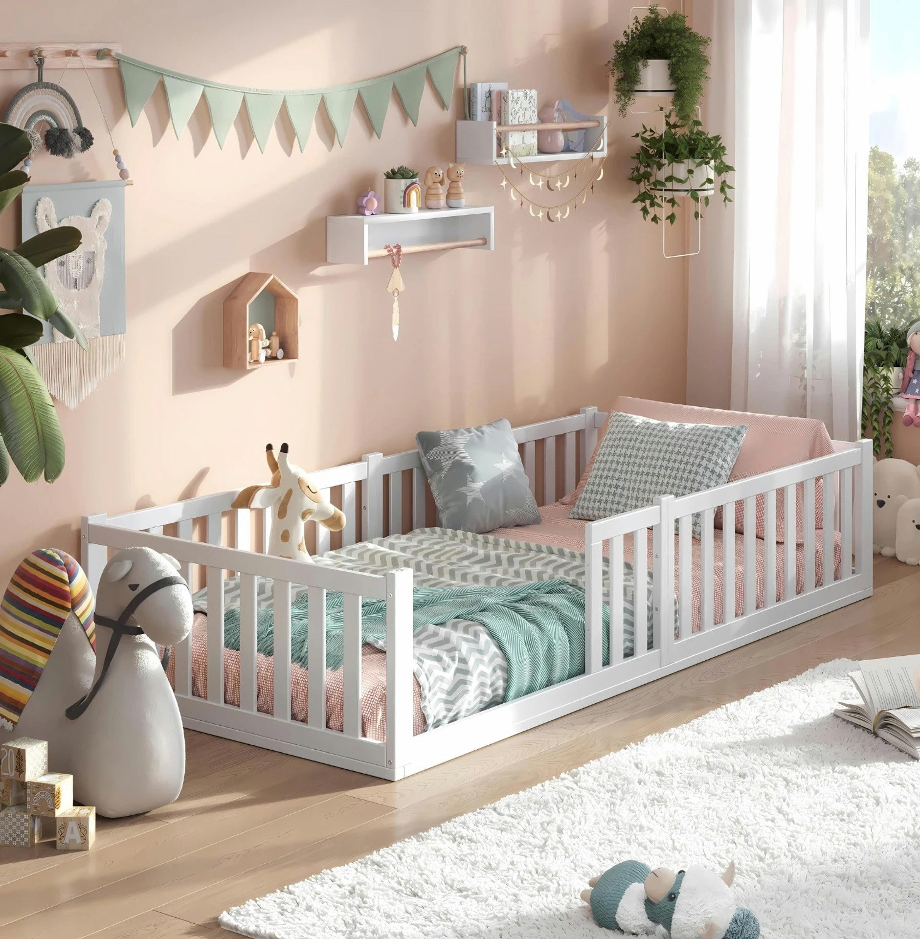 Alavya Home® Hausbett Alavya Home Bodenbett TITAN 80x160 cm Buche - Weiß, Massives Buchenholz, 80x160 cm, Rausfallschutz