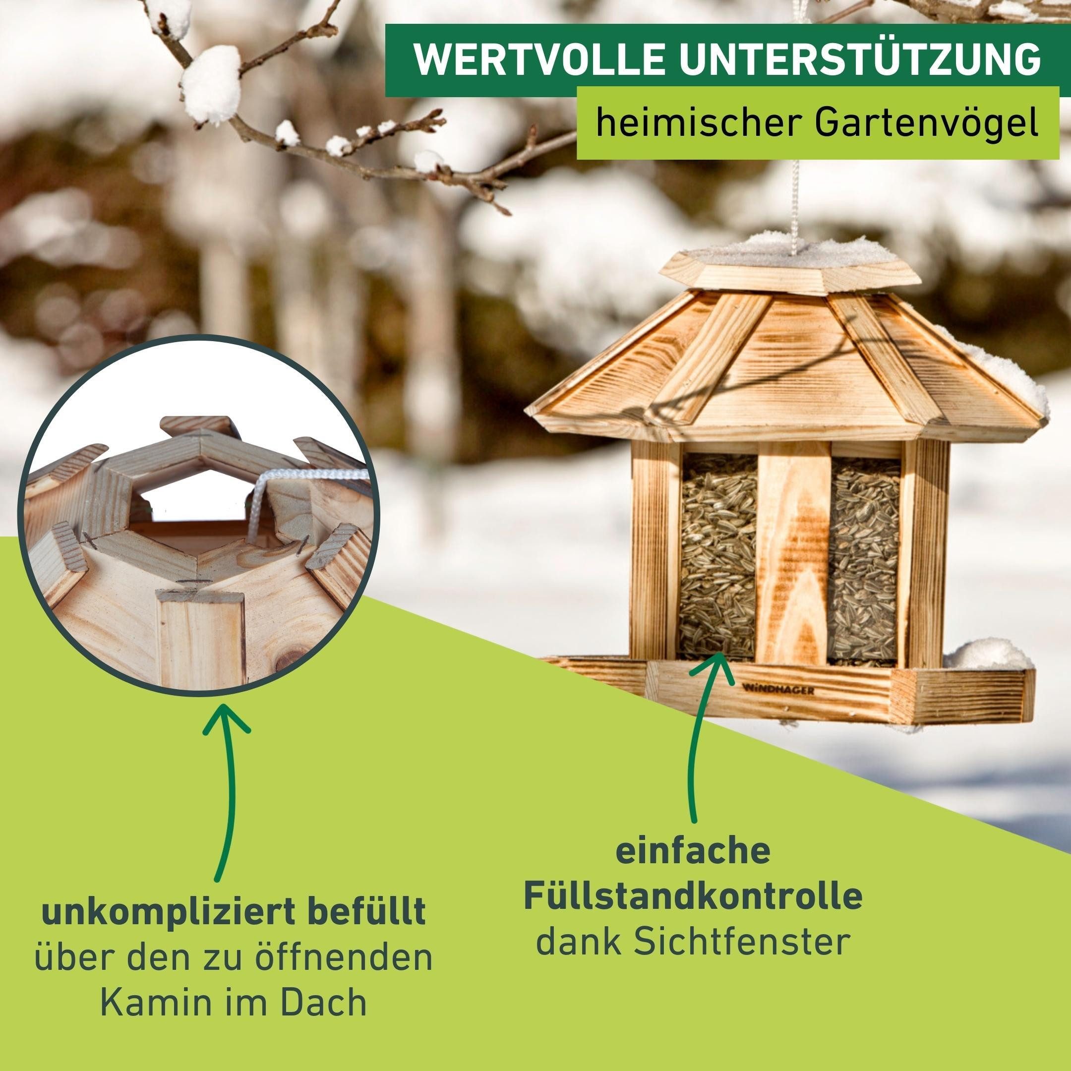 Windhager Vogelhaus Wilder Kaiser, Vogelfuttersilo aus Echtholz, Futterstation inkl. Aufhängung und Sitzmöglichkeit, Füllvolumen 3l