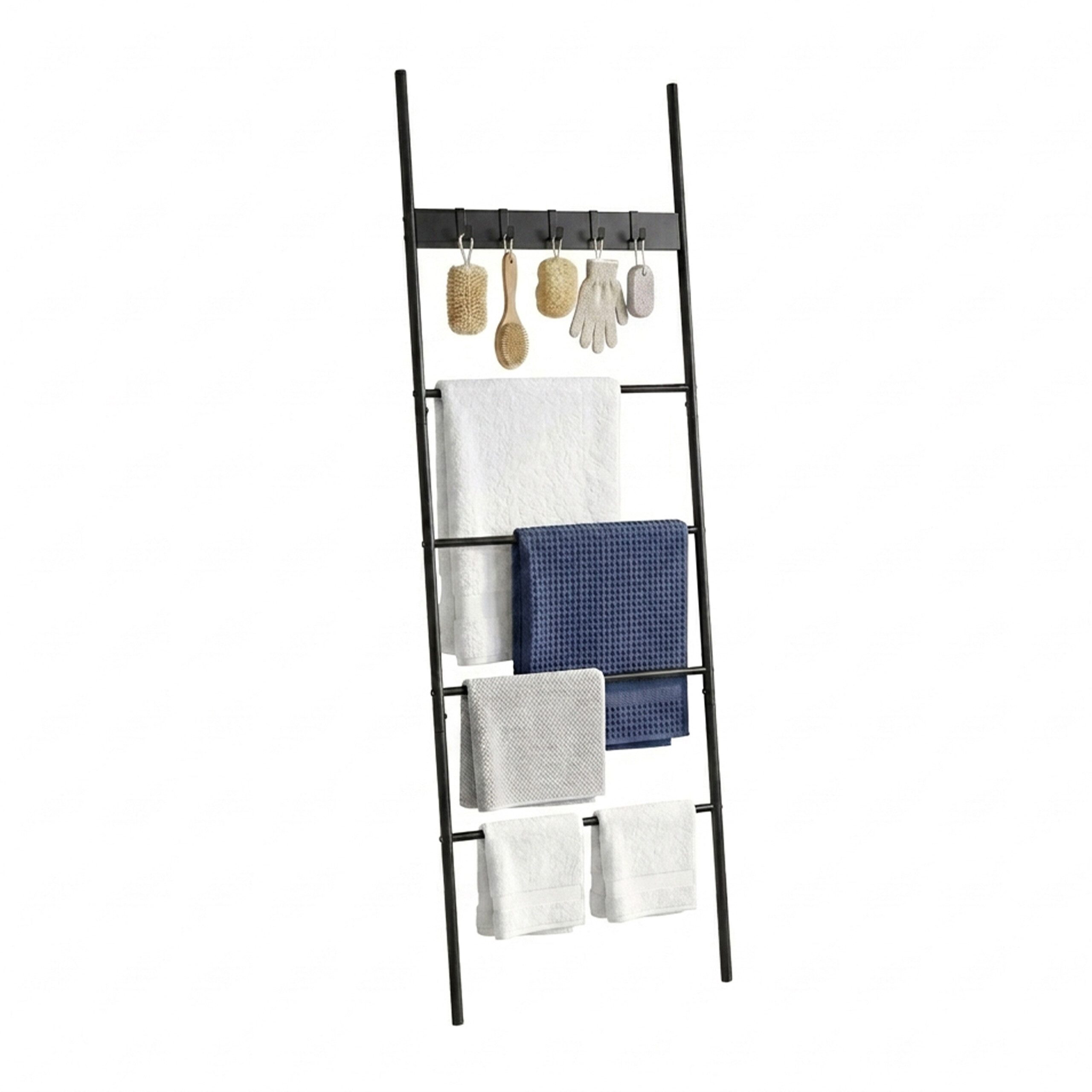 relaxdays Handtuchleiter mit 4 Sprossen & 5 Haken, schwarz