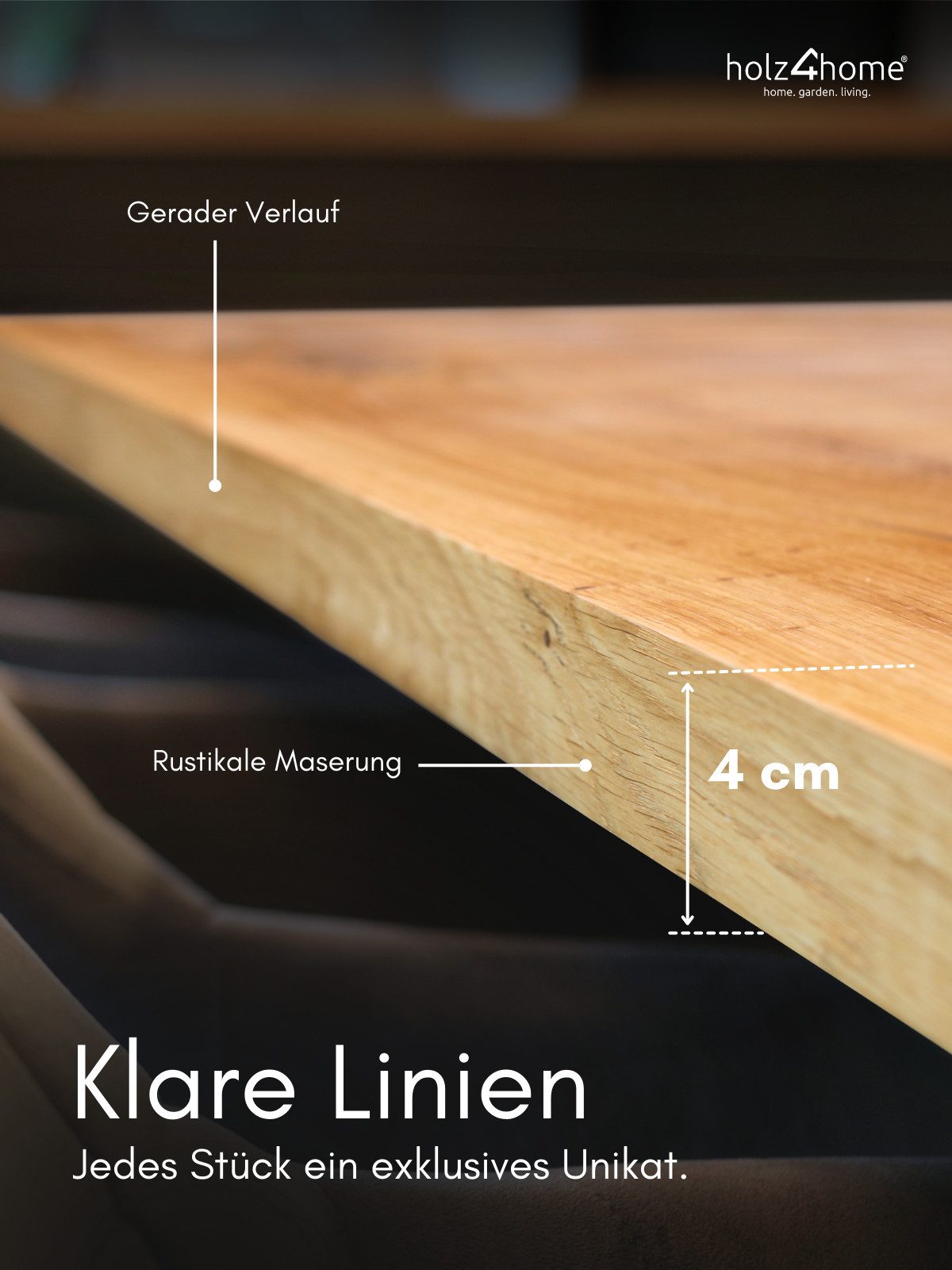 holz4home® Esstischplatte Massivholz Eiche I Gerade Kante I Massivholzplatte Naturgeölt Echtholz, Vollflächig 4cm dickes Massivholz