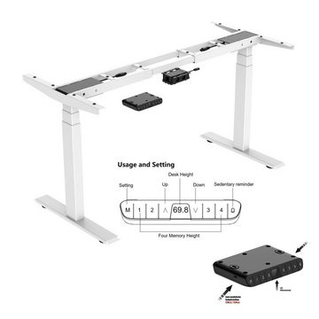 Super Solu Schreibtisch Elektrisch Höhenverstellbares Tischgestell Dual-Motor 3-Fach-Teleskop (2USB/ 2 Motoren /4 Memory Funktionen, 1-St), Antikollisionssystem