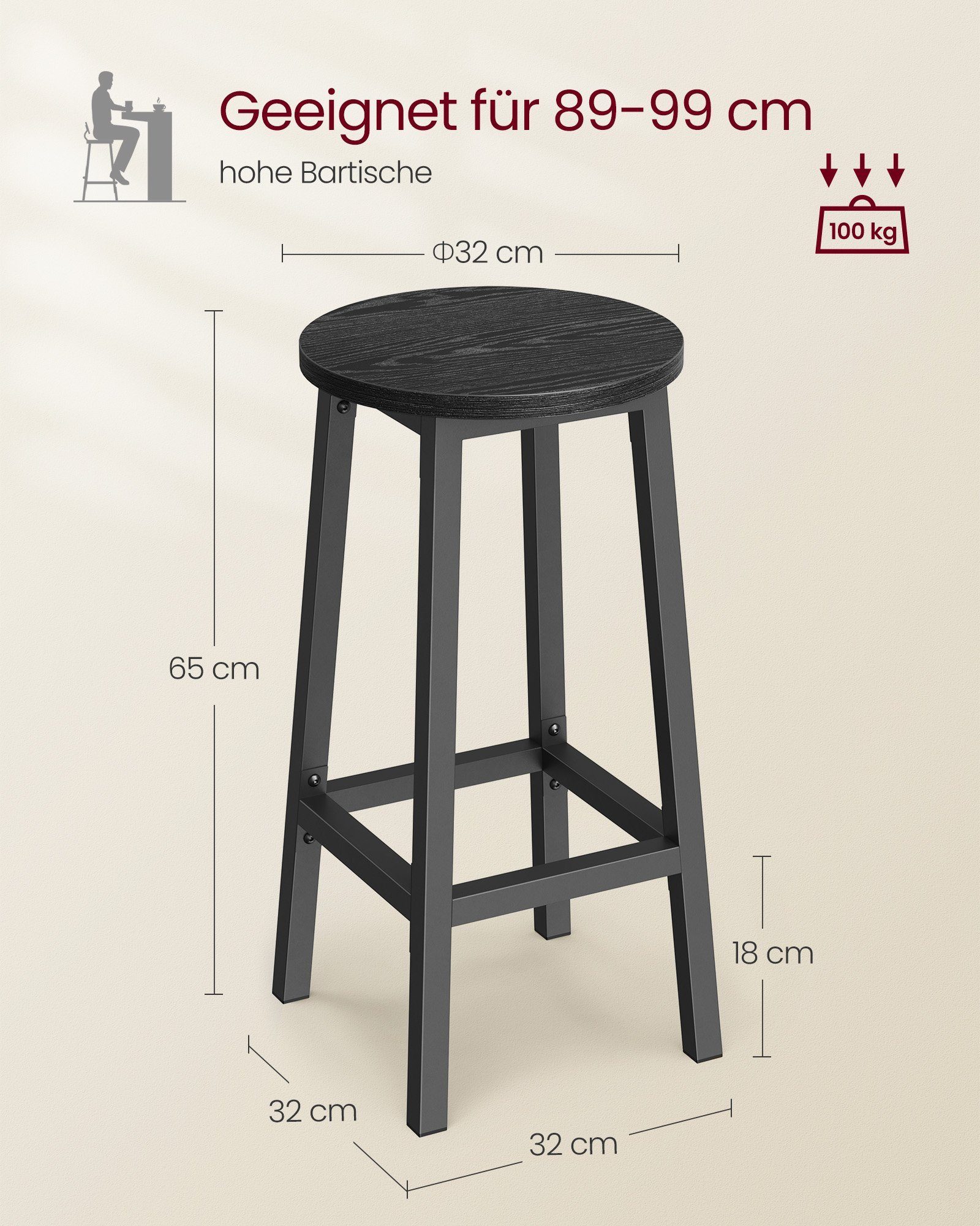 VASAGLE Barhocker Barstühle (Set, 2 St), Barhocker, 2er Set, Barstühle, 65cm/74cm