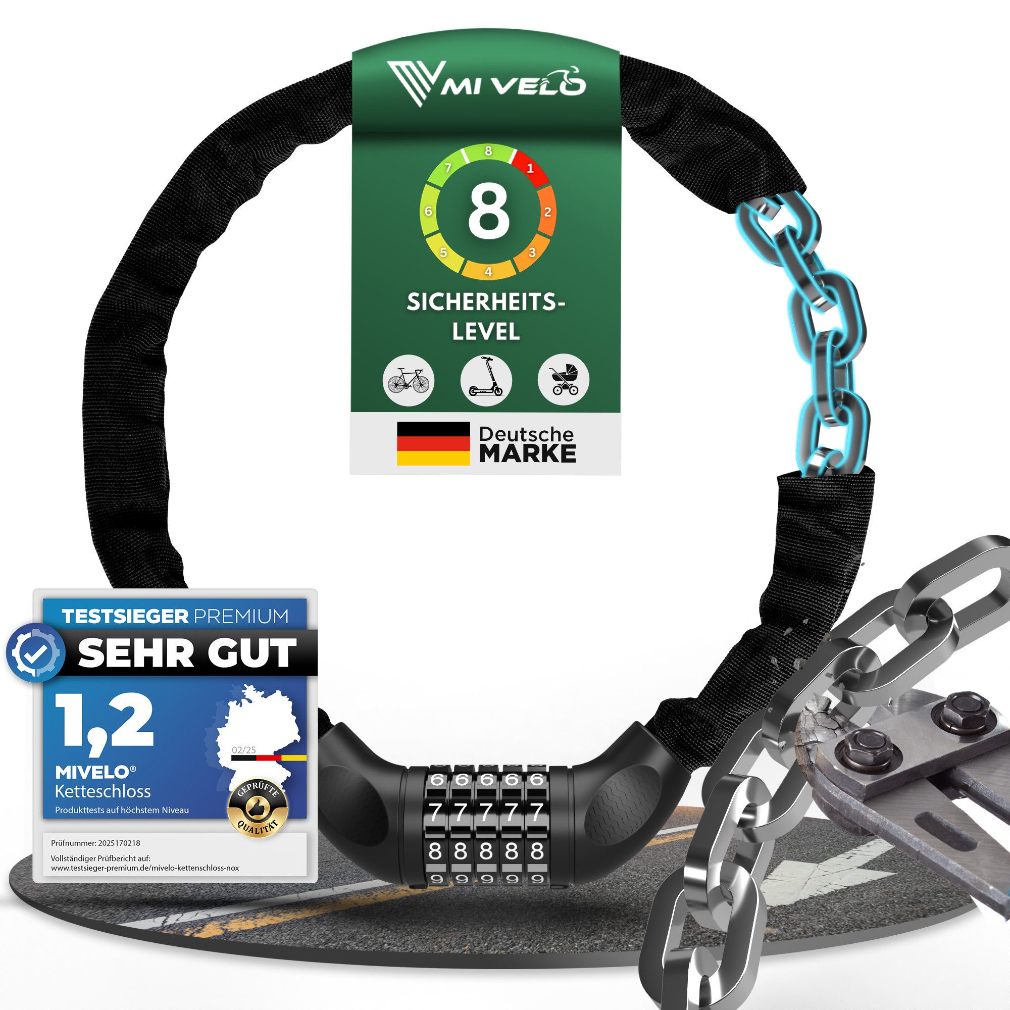 MIVELO Kettenschloss MIVELO FAHRRADSCHLOSS 90 cm Fahrrad Schloss (mit Zahlencode), Vierkantstahl - Hohe Sicherheit