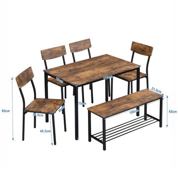 Ulife Essgruppe Sitzgruppe Esstisch mit 4 Stühle und 1 Bank Set 6 Holz Stahlrahmen, (6-tlg), Küche Esstisch Set
