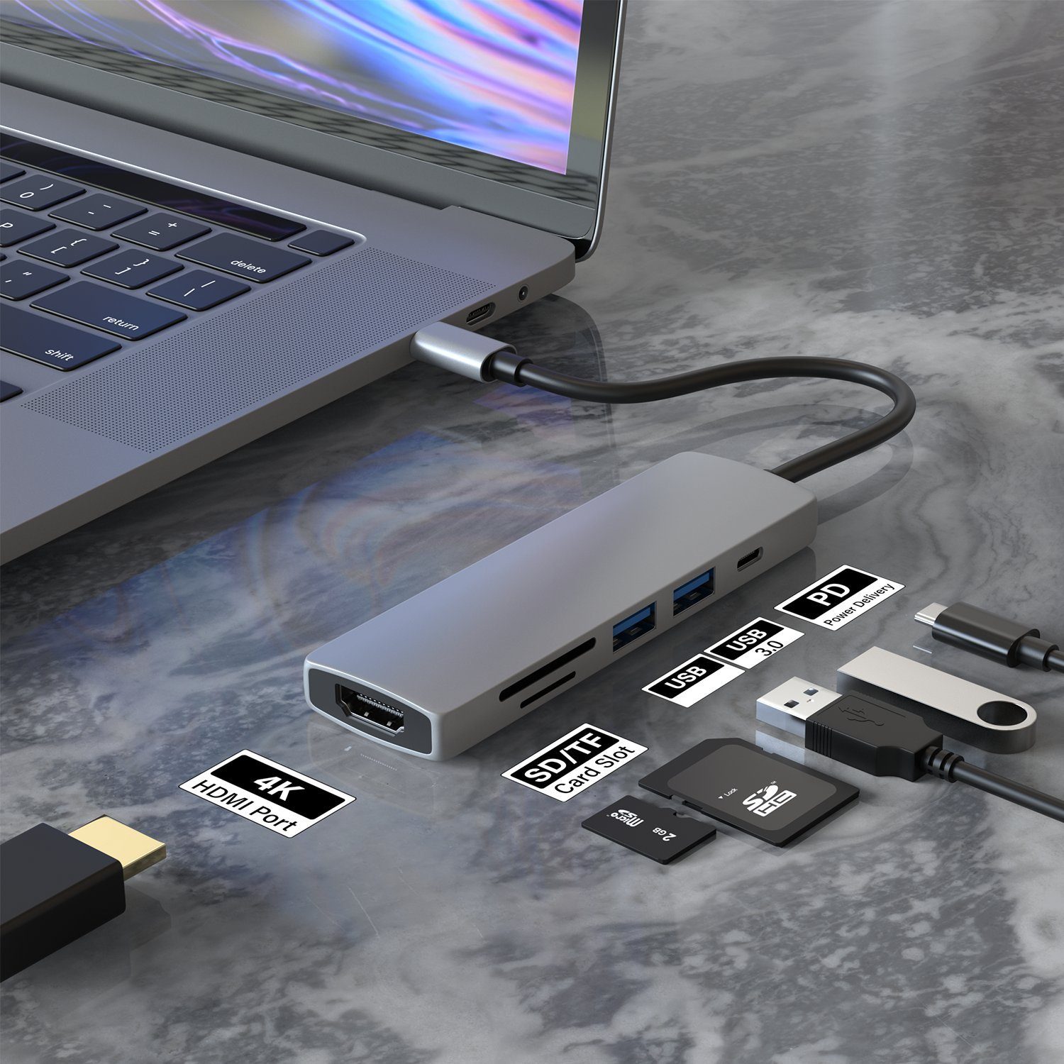 TradeNation Laptop-Dockingstation USB C Hub 6 in 1 Adapter HDMI 4K USB 3.0 Micro SD für Laptop Samsung, (1 St), Schnelles Laden, 4K – Bild 2 von 5