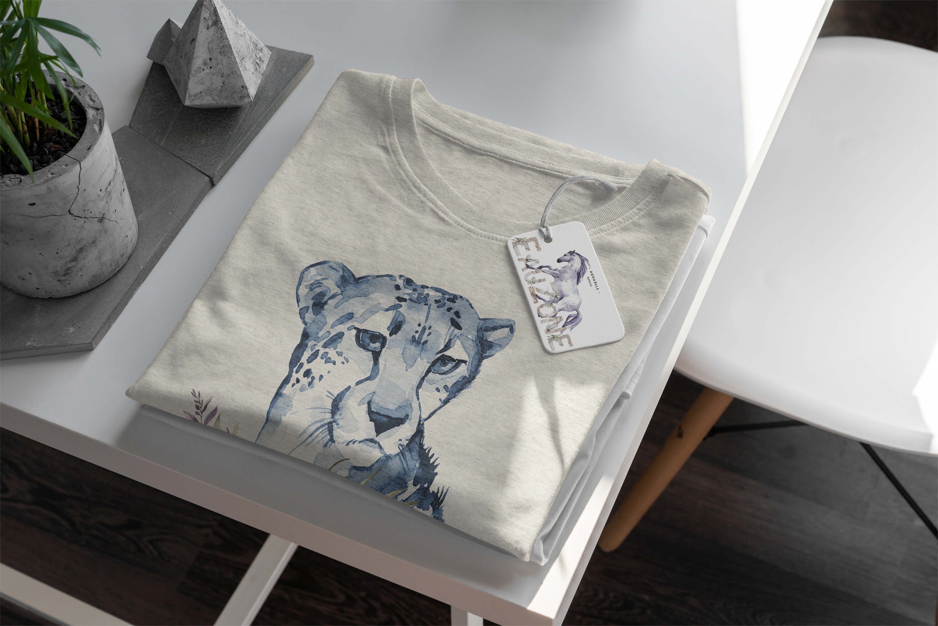 Sinus Art T-Shirt Herren Shirt gekämmte Motiv Bio-Baumwolle Aquarell aus Nachhaltig T-Shirt 100% (1-tlg) Gepard erneu Ökomode