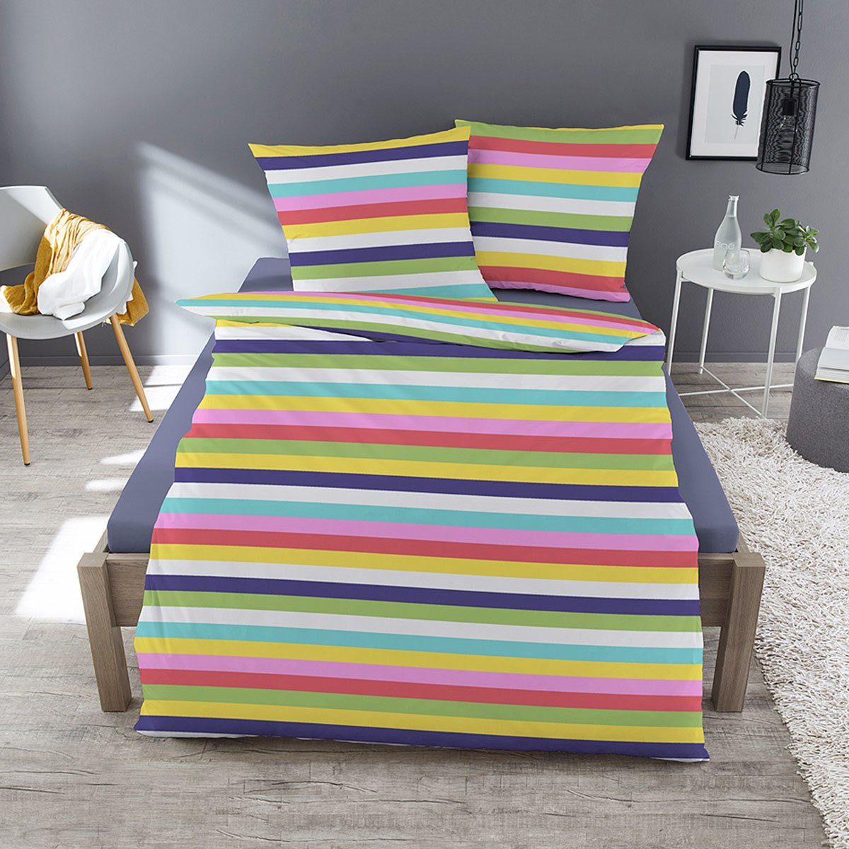 TRAUMSCHLAF Bettwäsche Rainbow, Biber, 3 teilig, buntes Streifendesign für günstig online kaufen