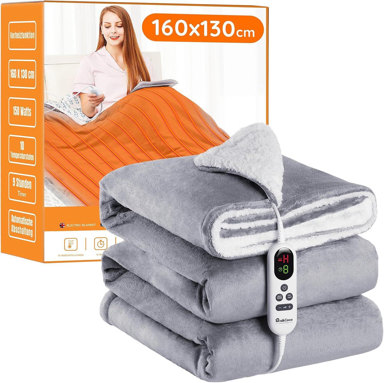 Mia&Coco Heizdecke mit abschaltautomatik, 10 Heizstufen Up-to-9 Stunden, Flanell Waschbar 130x160cm Grau