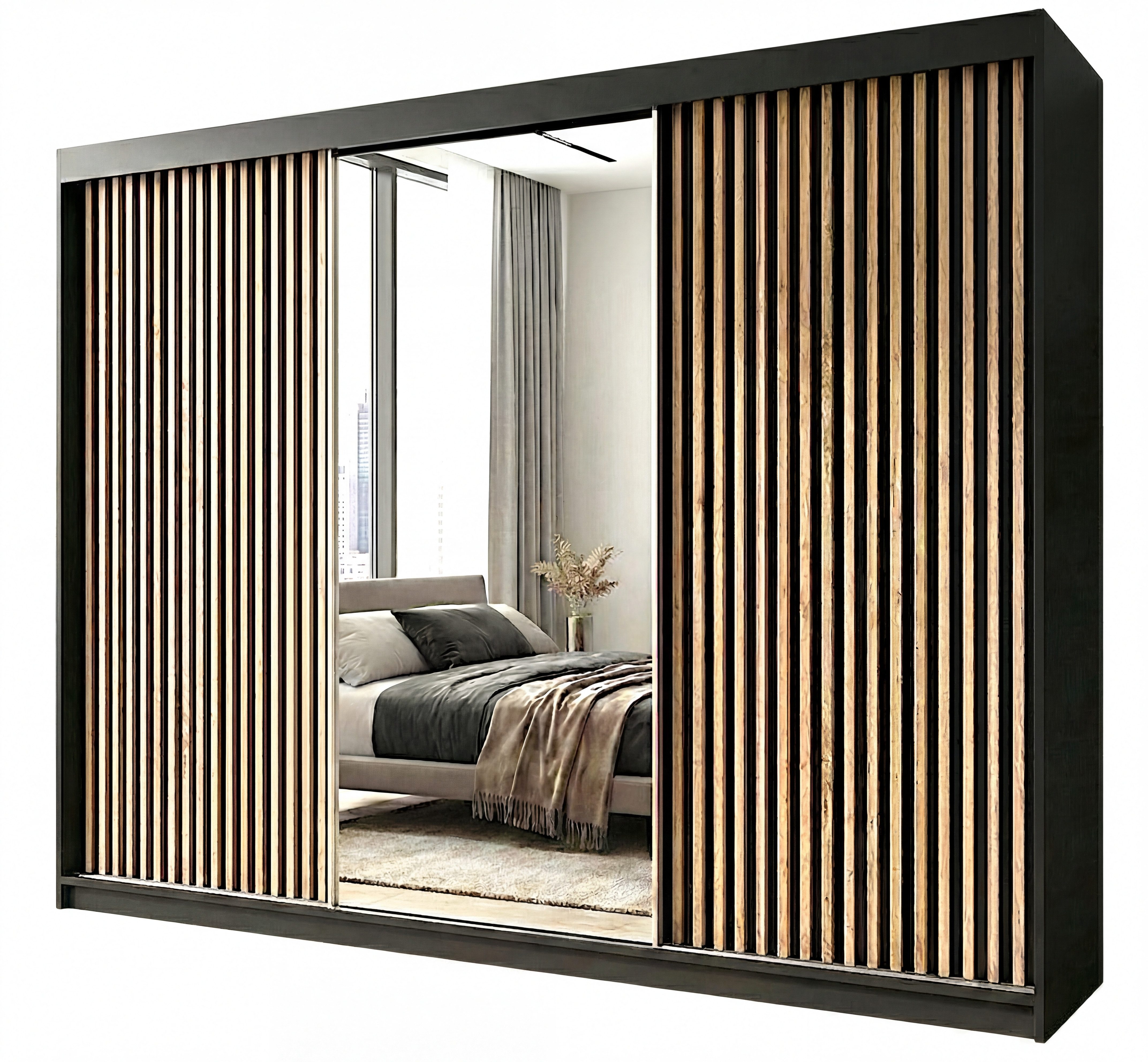 A&J MöbelLand GmbH Schiebetürenschrank FARA 200 cm mit 3D-Lamellen und Spiegelfront (TOP ANGEBOT! Geräumiger Schrank mit einer Breite von 200 cm ideal zur Aufbewahrung von Kleidung und Accessoires. Wählen Sie das ideale Modell für Ihr Schlafzimmer!, TOP PRODUKT)