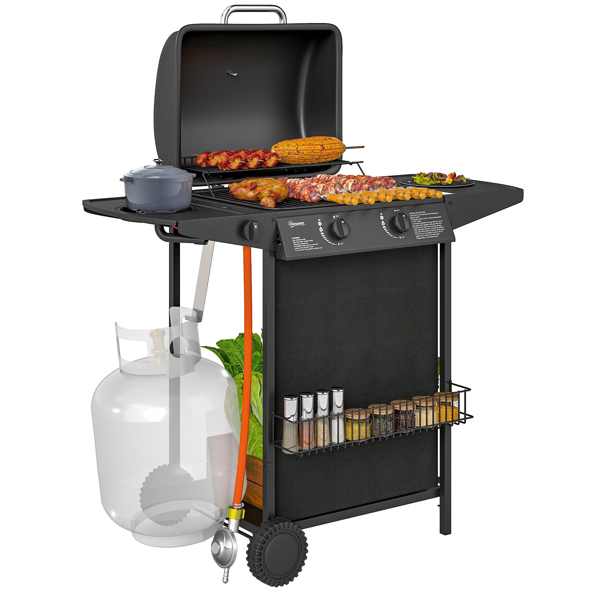 Outsunny Gasgrill inkl 3 Brenner, Seitenkocher, Rolle, BBQ Gartengrill, 7 KW Grillwagen, mit Thermometer Seitenablagen, für Balkon, Grill 107 x 54 x 96 cm