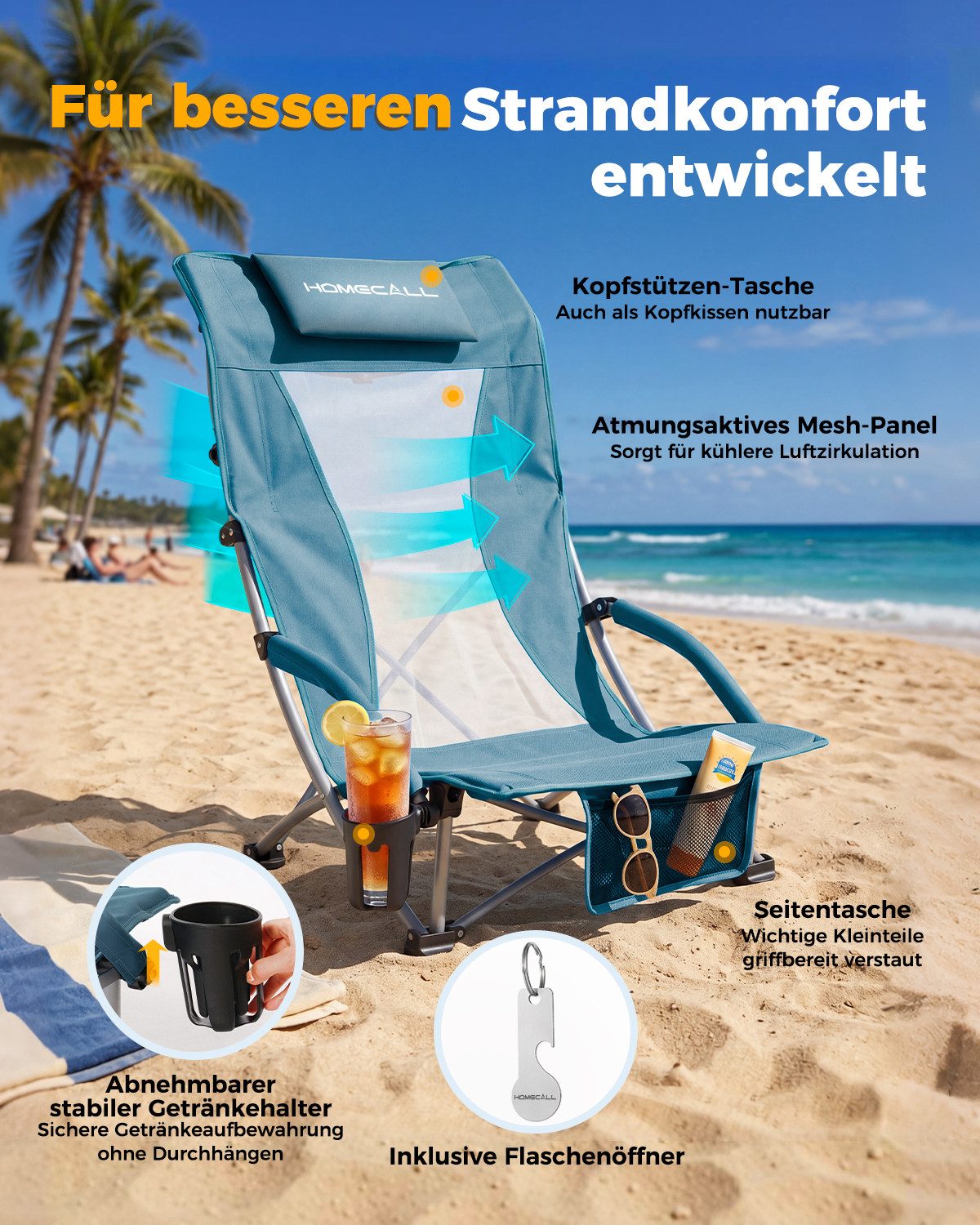 HOMECALL Klappstuhl Strandliegestuhl Klappbar leicht niedriger Strandstuhl Campingstuhl (2 St), Bequeme Rückenlehne, Gepolsterte Armlehnen, bis 180 kg – Bild 5 von 5