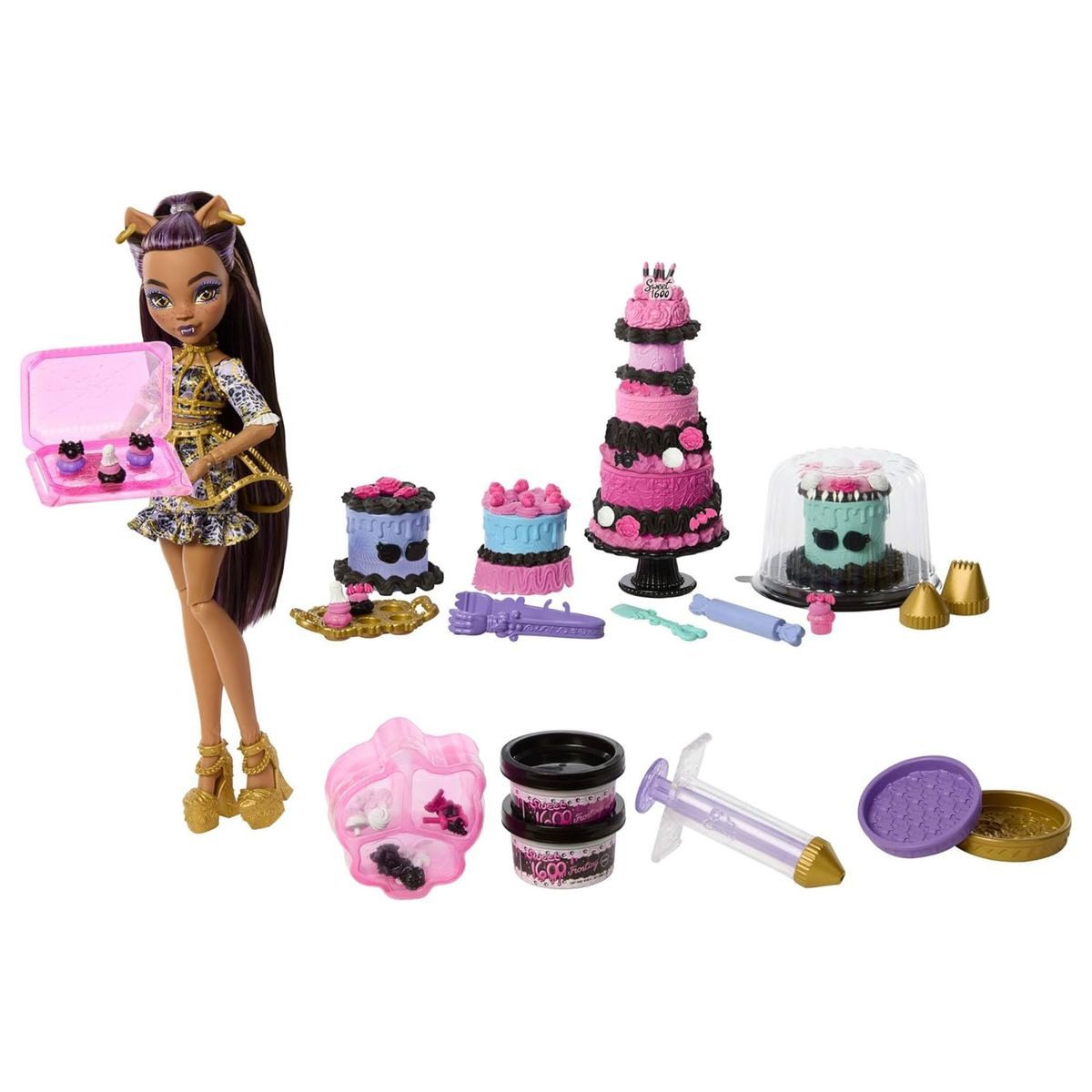 Mattel® Stehpuppe MattelJBG78-Monster High-ScarySweetBirthday–Tortenset+ClawdeenWolf P