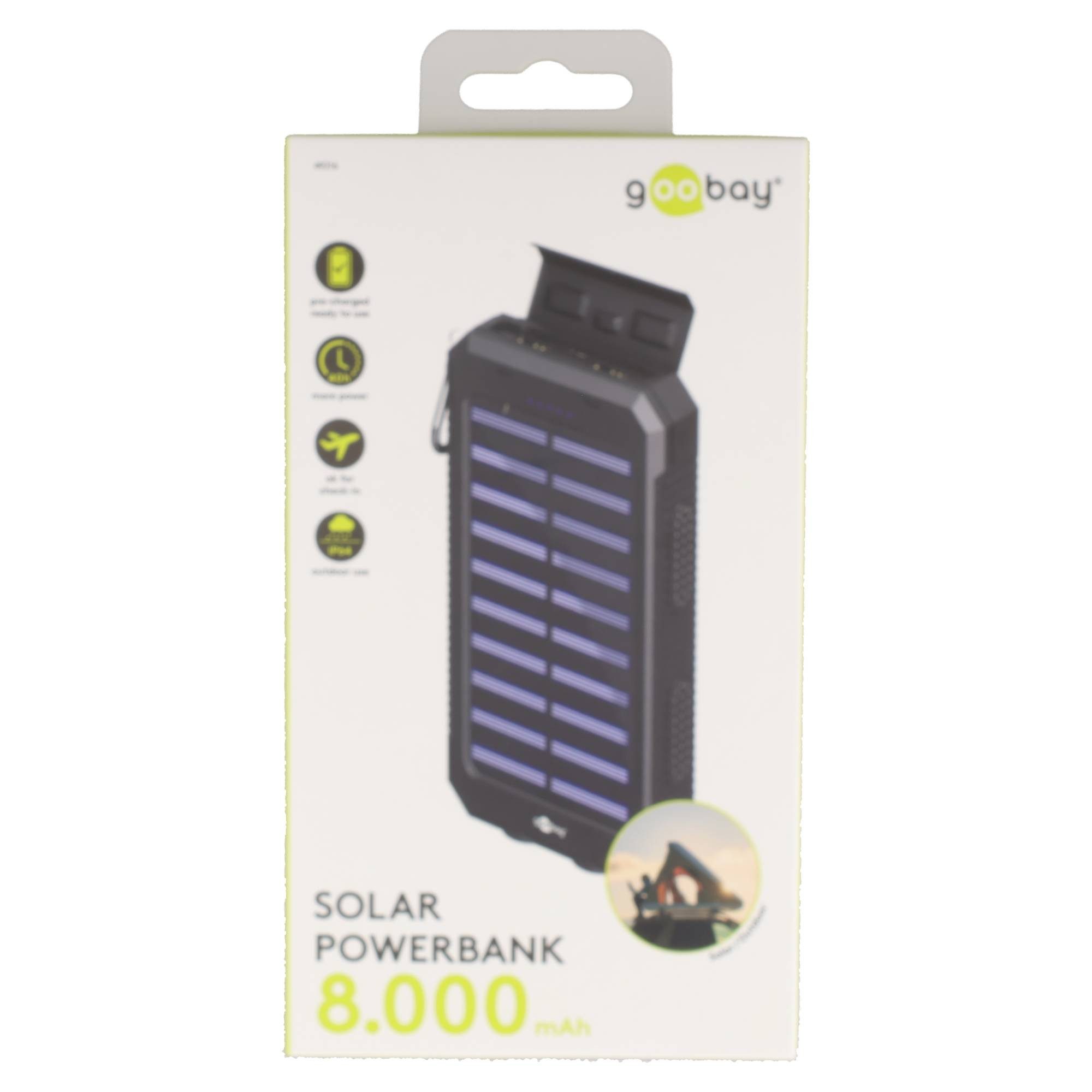 Goobay Outdoor Powerbank 8000mAh mit Solarpanel und Taschenlampenfunktion Akku 8000 mAh (3,7 V)