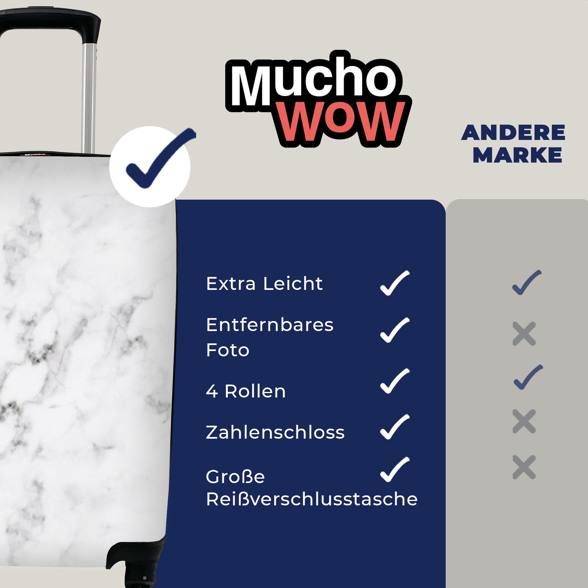 Weiß Handgepäck - - Luxus Marmor Grau Trolley, für rollen, Ferien, MuchoWow - Rollen, Marmoroptik, Reisekoffer - Handgepäckkoffer 4 Reisetasche mit