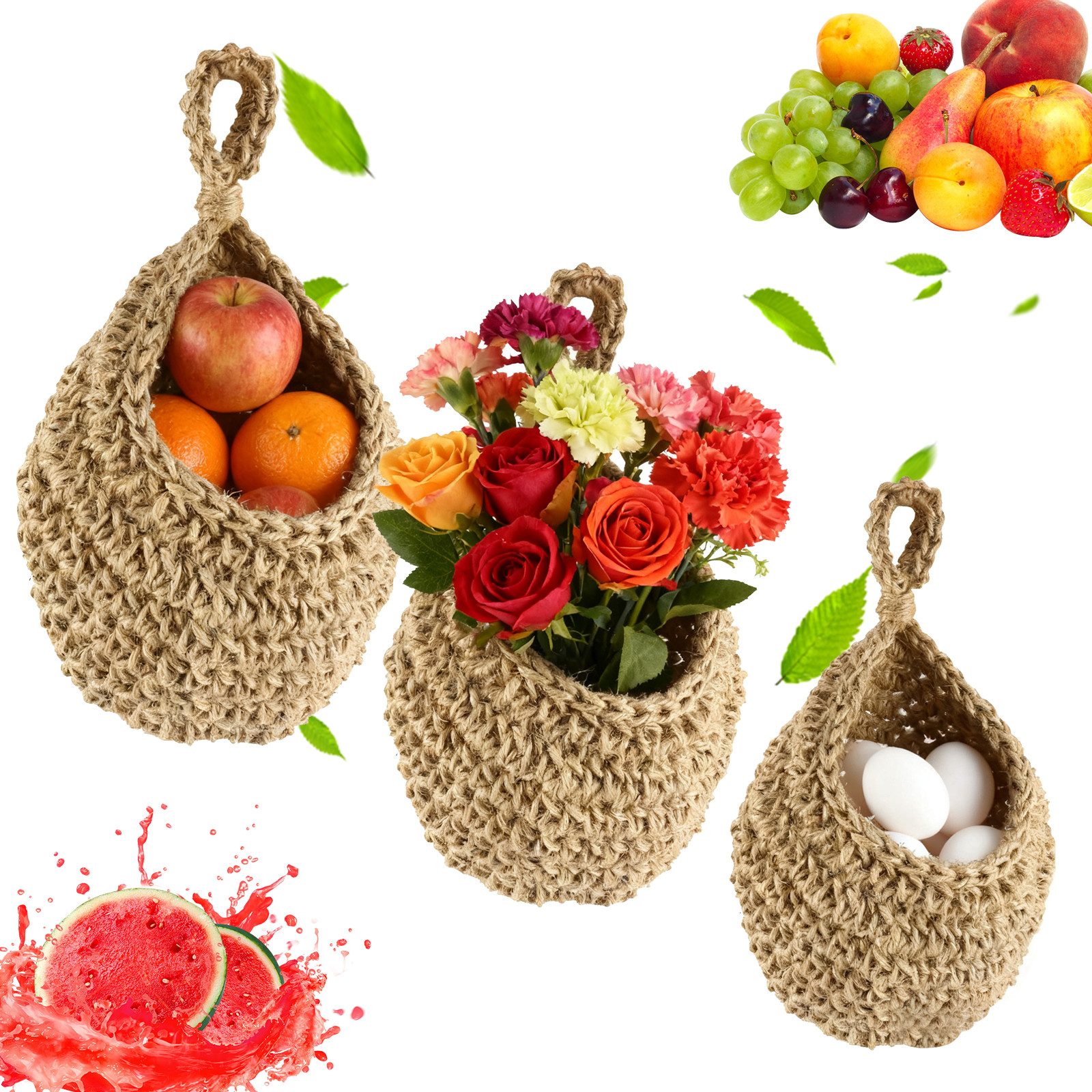 BlingBin Hängekorb Obstkorb Hängend Geflochten, 3 Stück Handgewebt Wandkorb (3er Set, 3 St., Extra groß: 33 × 27 cm; Groß: 28 × 21 cm; Mittel: 25 × 20 cm), Aufbewahrungskorb für Küche Deko, Wohnzimmer, Schlafzimmer