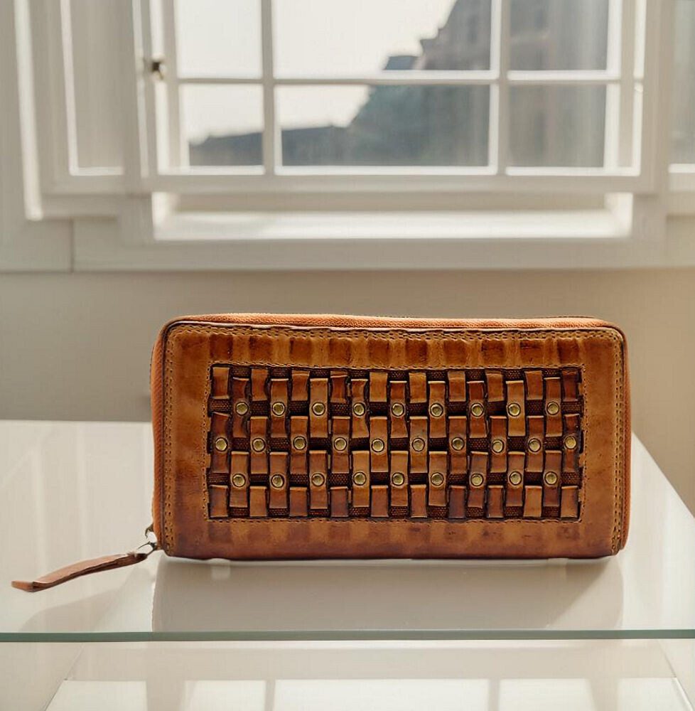 Hill Burry Geldbörse echt Leder Damen Portemonnaie mit RFID Schutz, Waschleder, Flechtoptik, mit Nieten, Handschmeichler