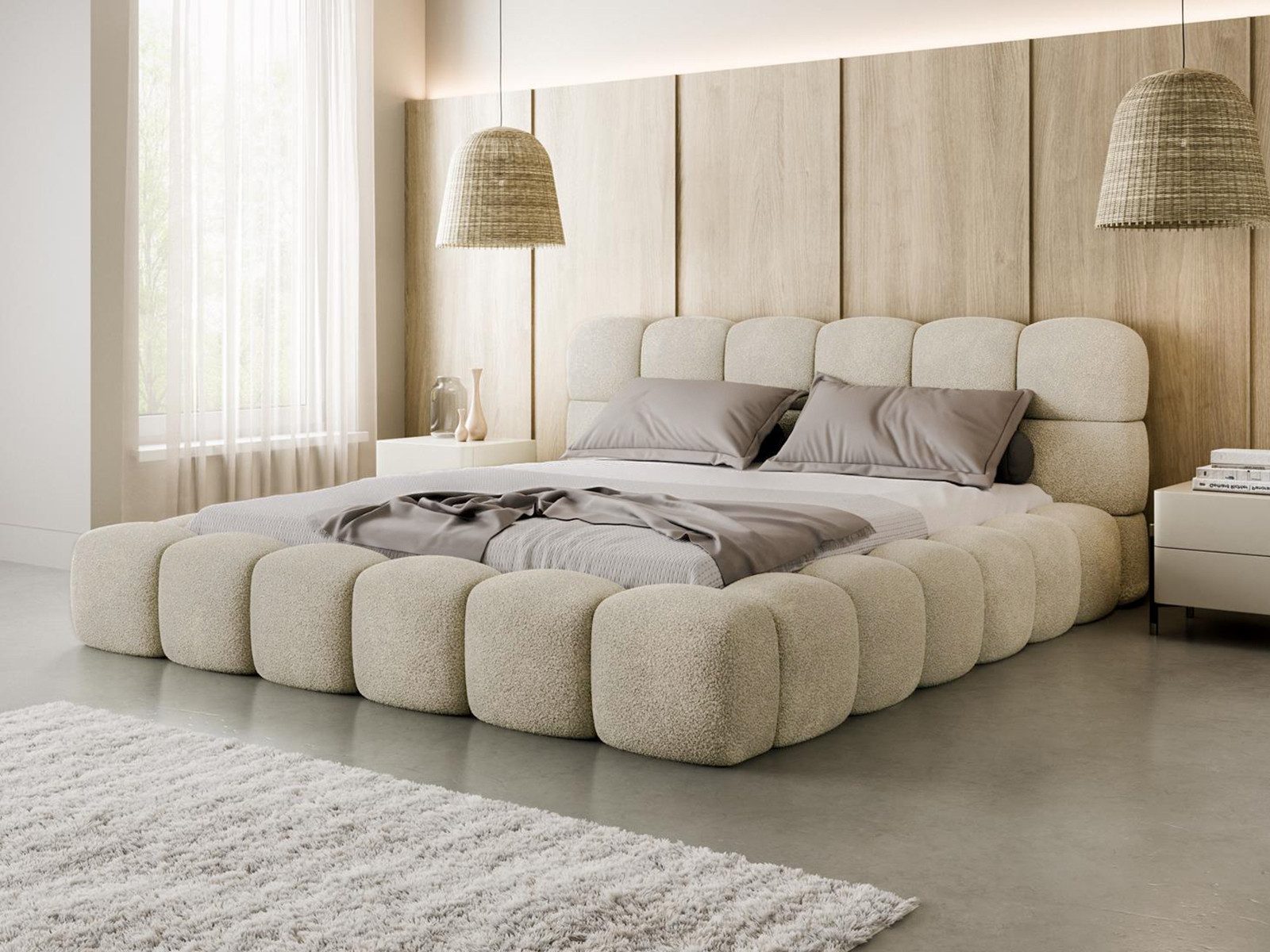 Compleo Polsterbett BIZU BUBBLE bouclé, Designerbett 140/160/180x200, MADE IN EU, Weiche Formen, hochwertige Materialien für Komfort wie auf Wolke