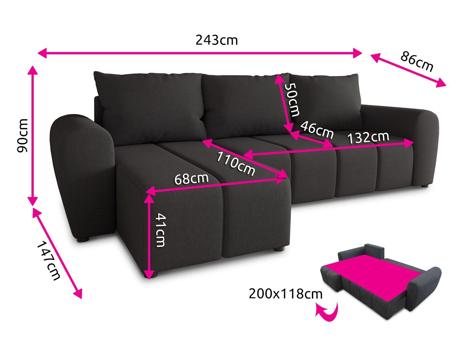Sofnet Ecksofa Cleo L, mit Schlaffunktion und Bettkasten, L-Form Couch, Schlafsofa, Ottomane Universal