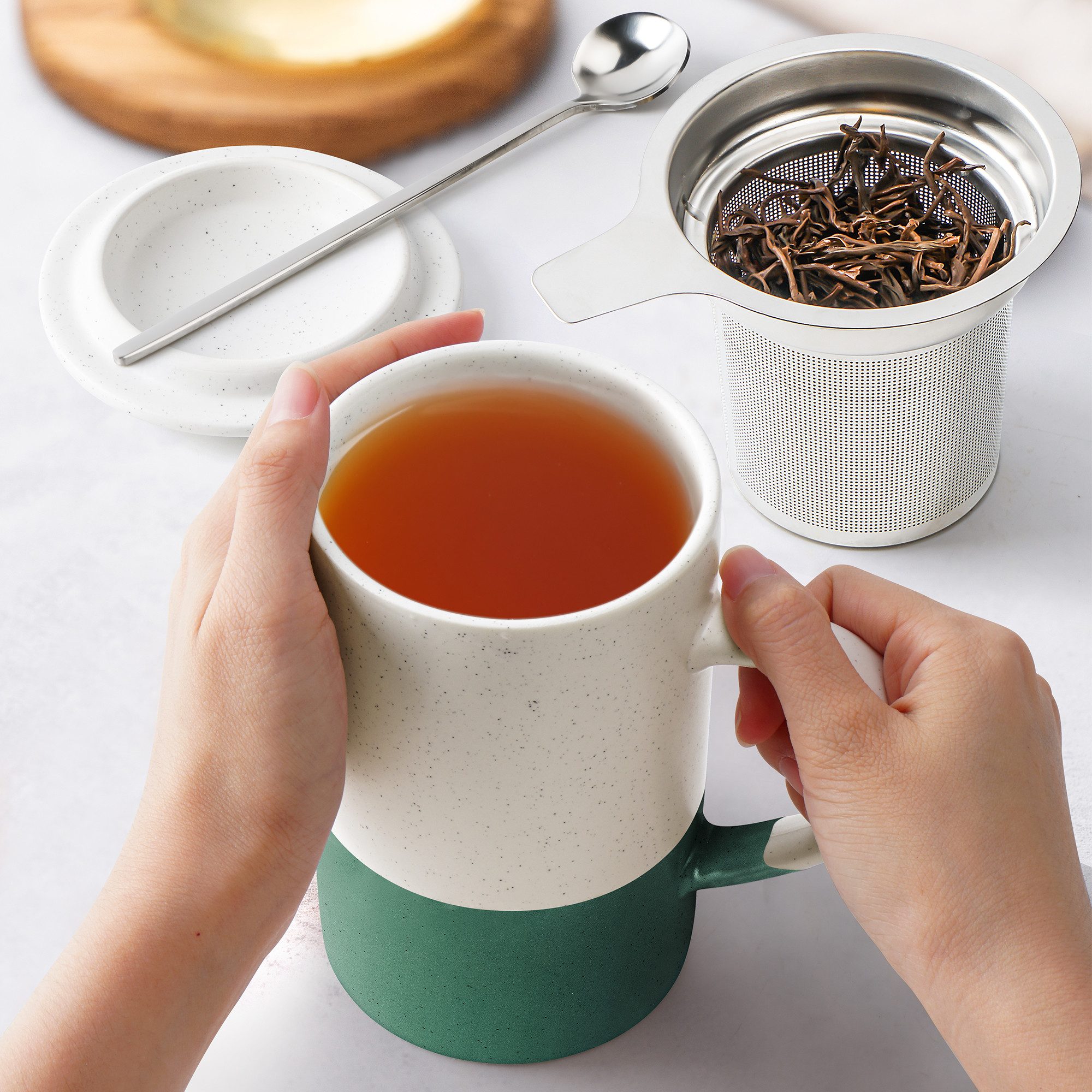 MiaMio Tasse für losen Tee mit Siebeinsatz und Deckel, Dunkelgrün, 2-tlg., Keramik, 500 ml je Tasse