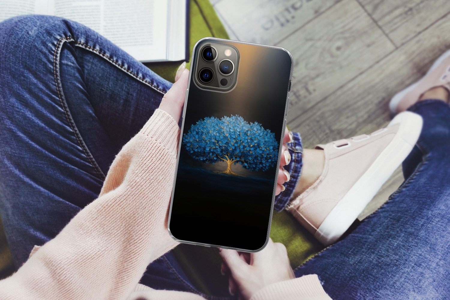 MuchoWow Handyhülle für Apple iPhone 12 Pro Baum - Blau - Blätter - Pinselstriche, Smartphone-Bumper, Print, Handy Schutzhülle Dünn