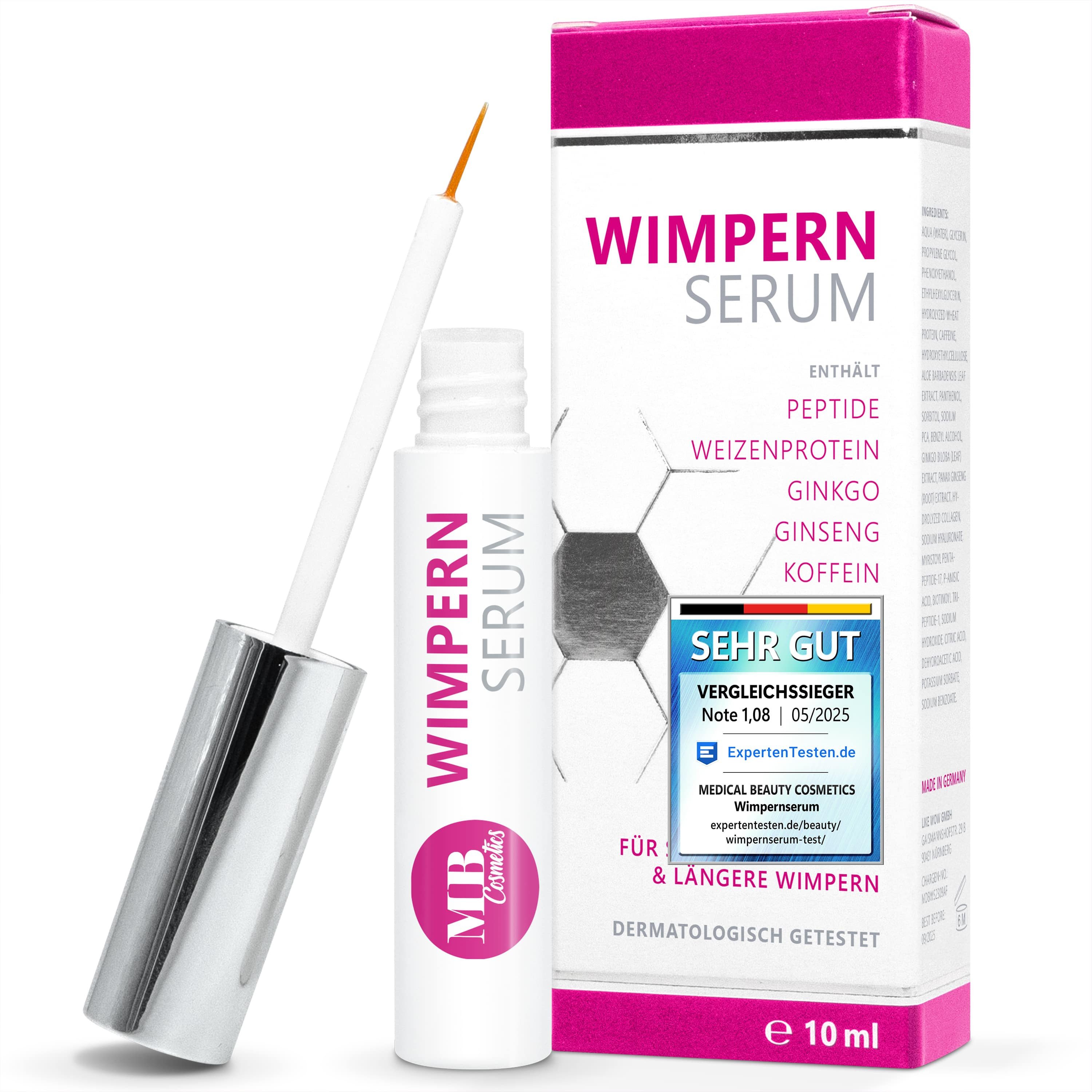 Medical Beauty Cosmetics Wimpernserum ohne Hormone 10 ml mit Hyaluron, Kollagen und Peptiden, 10ml, Hormonfrei
