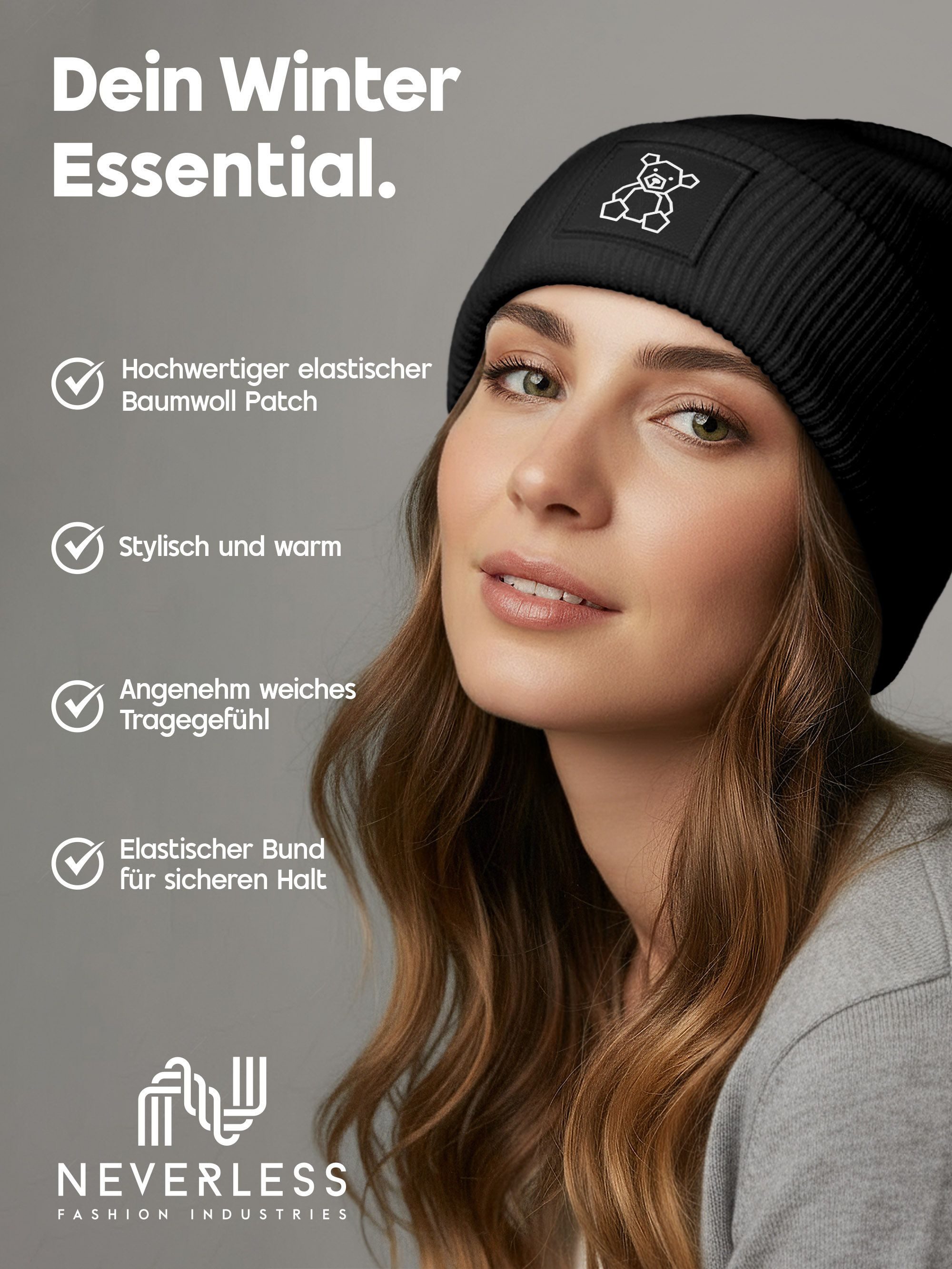 Neverless Strickmütze Damen Beanie Patch Polygon Teddy Bär Aufdruck Print Wintermütze