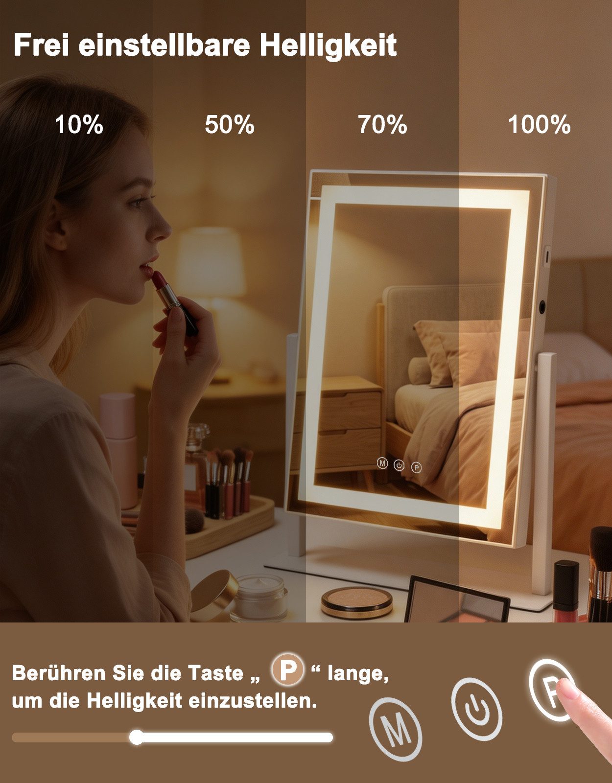 ZMH Schminkspiegel mit Beleuchtung, LED Kosmetikspiegel 3 Lichtfarben,Tischspiegel (dimmbar, Touch, Memory-Funktion), USB-Anschluss – Bild 5 von 5