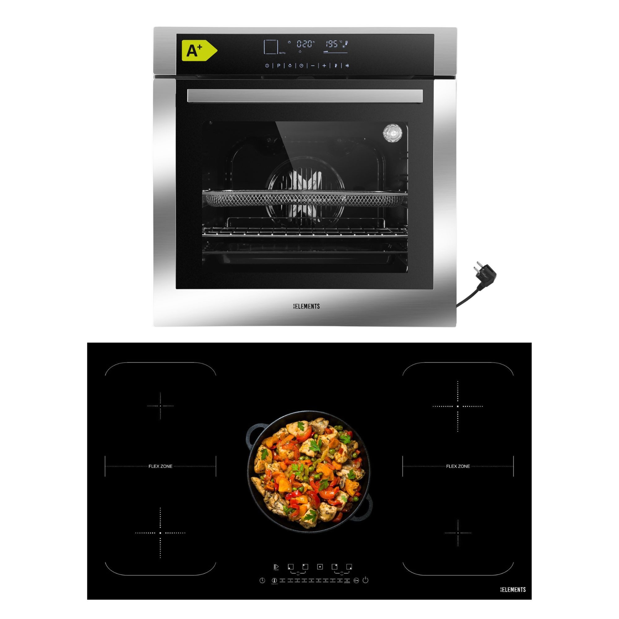 KB Elements Induktions Herd-Set KBE Einbaubackofen 60 cm mit 5-Zonen Induktionskochfeld 90cm, mit 2-fach-Teleskopauszug, Einbaubackofen Full Touch mit 15 Funktionen, doppelte Flexzone